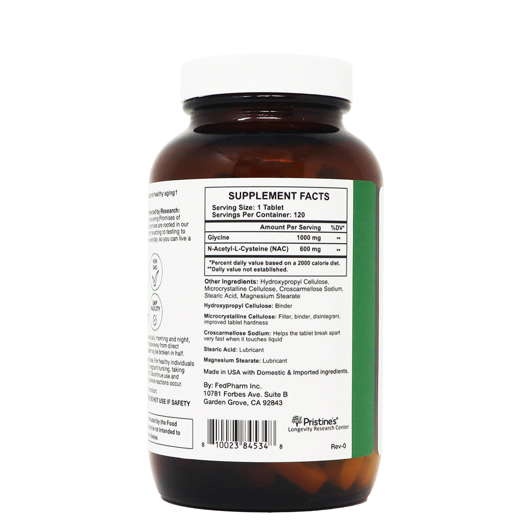 PRISTINE'S GlyNAC Complex Glutathione Production Supplement Tablets - 3rd Party Tested Anti Aging, Sleep Quality & Cognitive Support Supplement - Glycine & NAC Gluten Free Non GMO USA Made