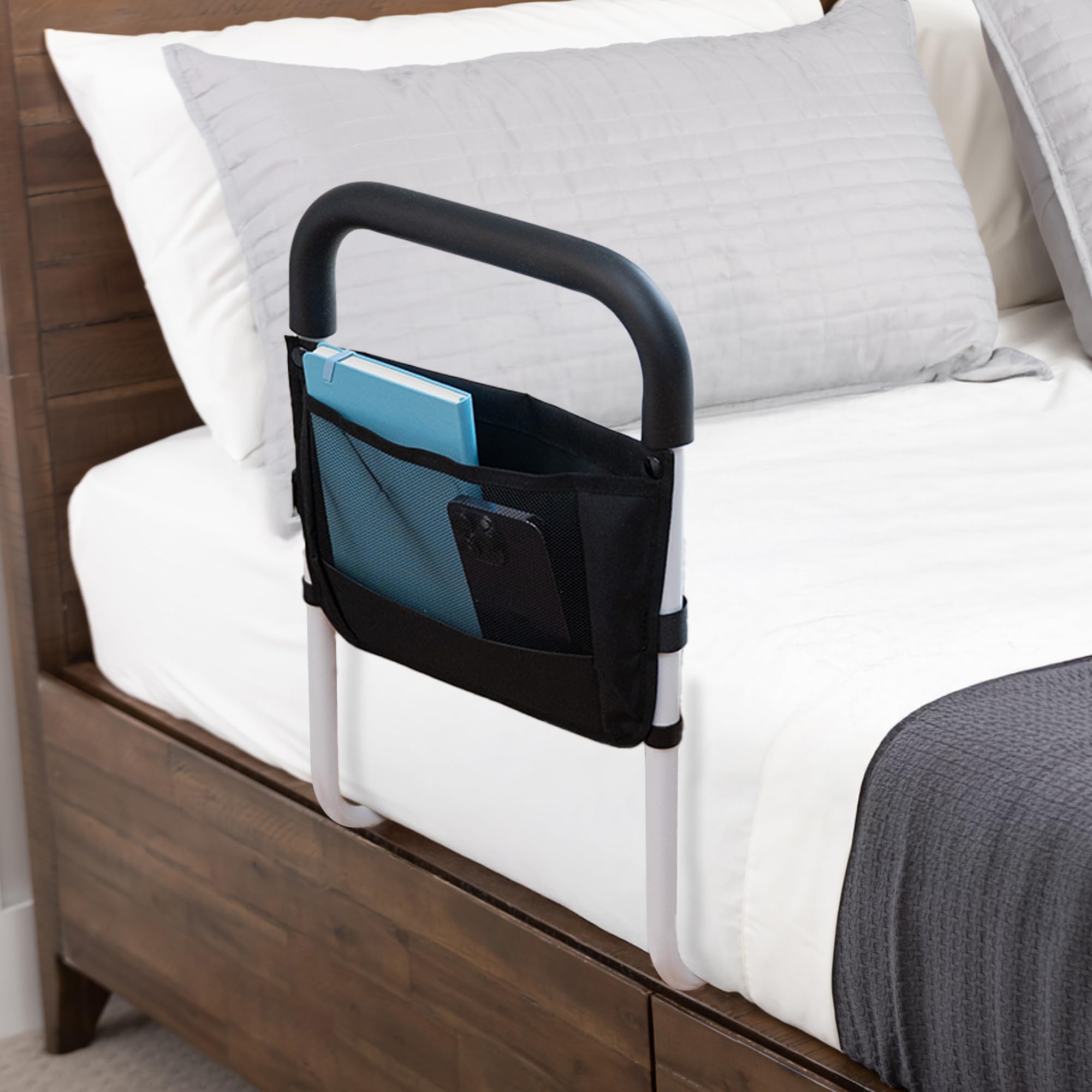 HONEYBULL Bed Rails for Elderly Adults - Medical Bed Assist Rail with Support Bar, Storage Bag & Safety Strap, Fits King, Queen, Full, and Twin Beds – Mobility Assistance for Elderly or Disabled