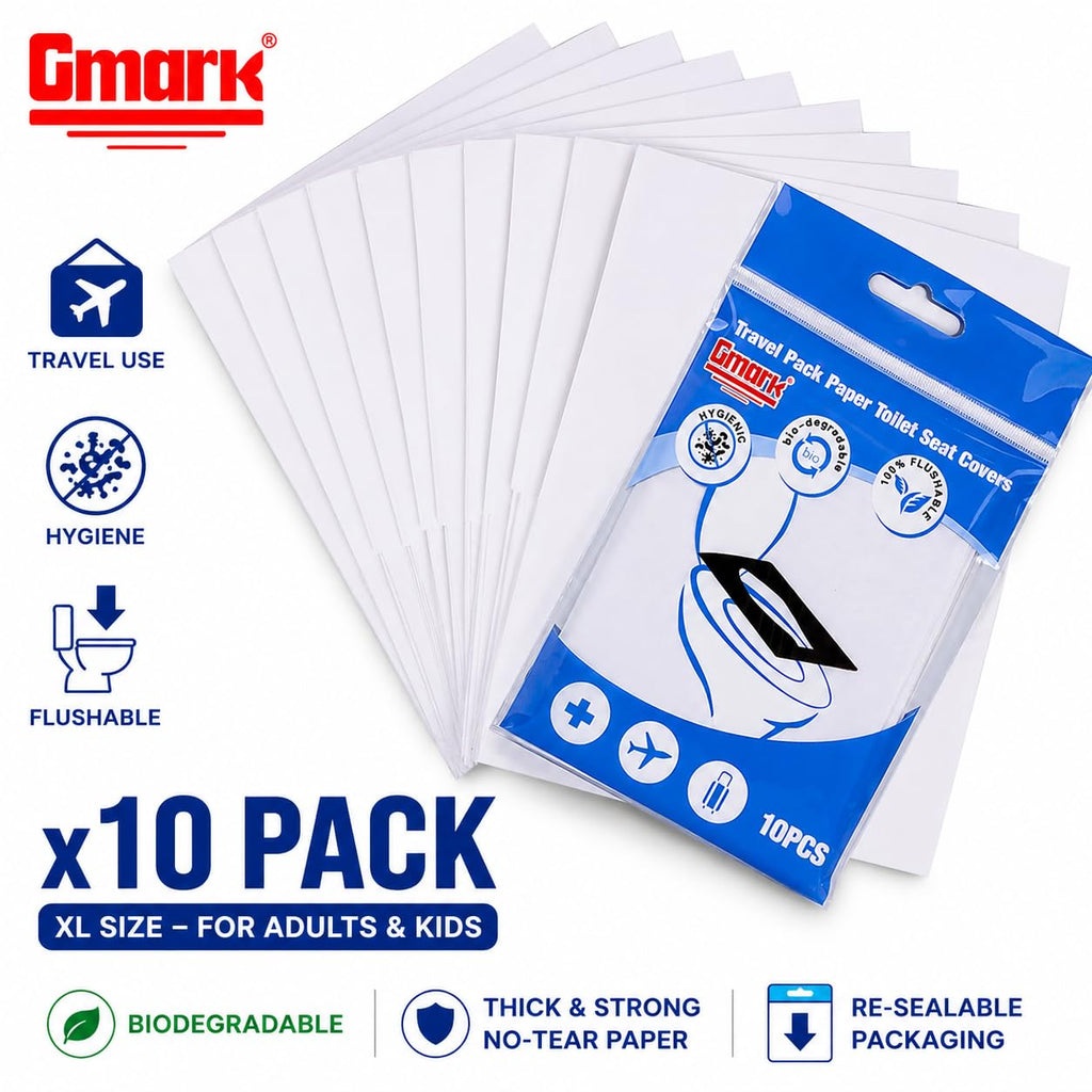 Gmark XL Flushable Toilet Seat Covers (100 Count) – Thick No-Tear Virgin Paper – Disposable Travel Packs for Airplane, Camping, & Potty Training – Biodegradable & Strong (10 Packs) GM2002A