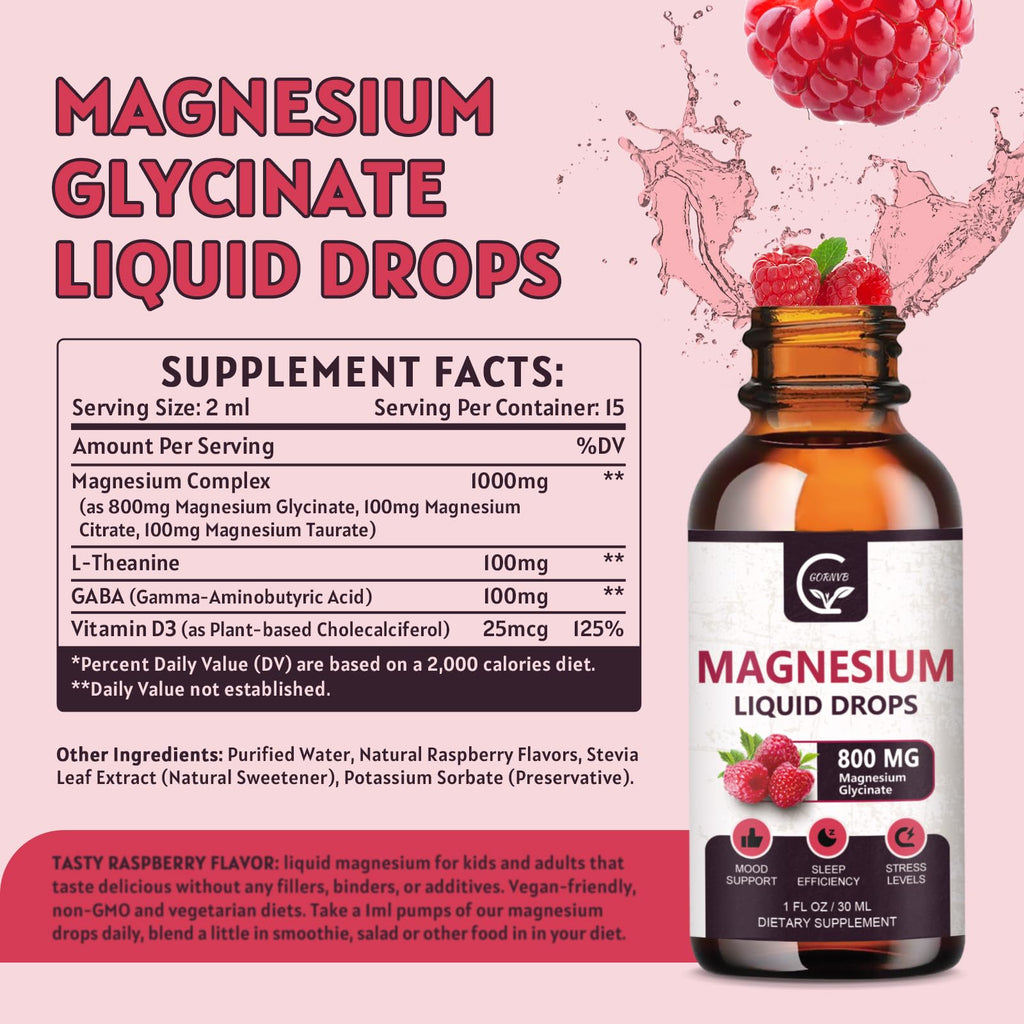 (2 Pack) Magnesium Glycinate Liquid Drops | 1000mg Liquid Magnesium Complex with D3, L-Thea & GABA for Energy, Sleep, Nerve and Heart Health, High Absorption, Raspberry Flavor