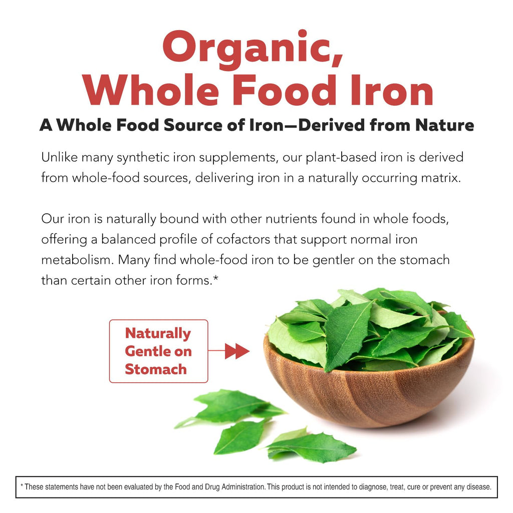 Organic Iron Supplement | Whole Food Mineral & Cofactors, 25 mg Elemental | Enhanced Absorption Plus Blood Health Vitamins – Gentle Form – Supports Healthy Levels & Blood Health – 90 Capsules