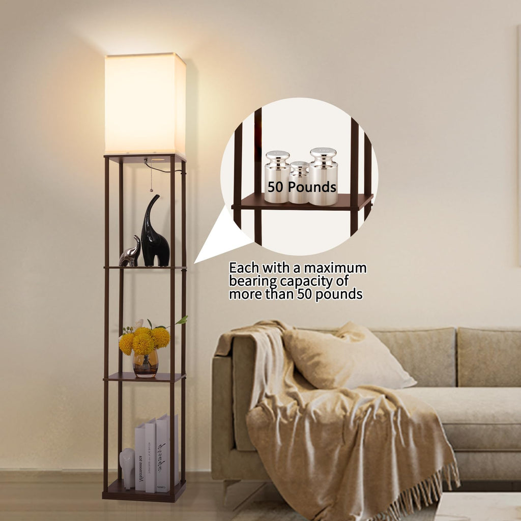 Gupuzm Floor Lamp with Shelves, with Modern Square Standing Lamp with Smart APP Control RGB Bulb, Corner Display Bookshelf Lamp for Living Room, Bedroom and Office(brown-9RGB)