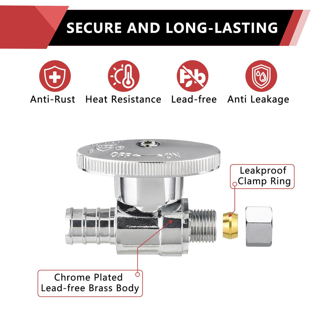 20-Pack EFIELD 1/4 Turn Straight Stop Valve 3/8" OD Compression X 1/2" Crimp Barb Pex Chrome Plated Brass,(VALVE085-20PCS)