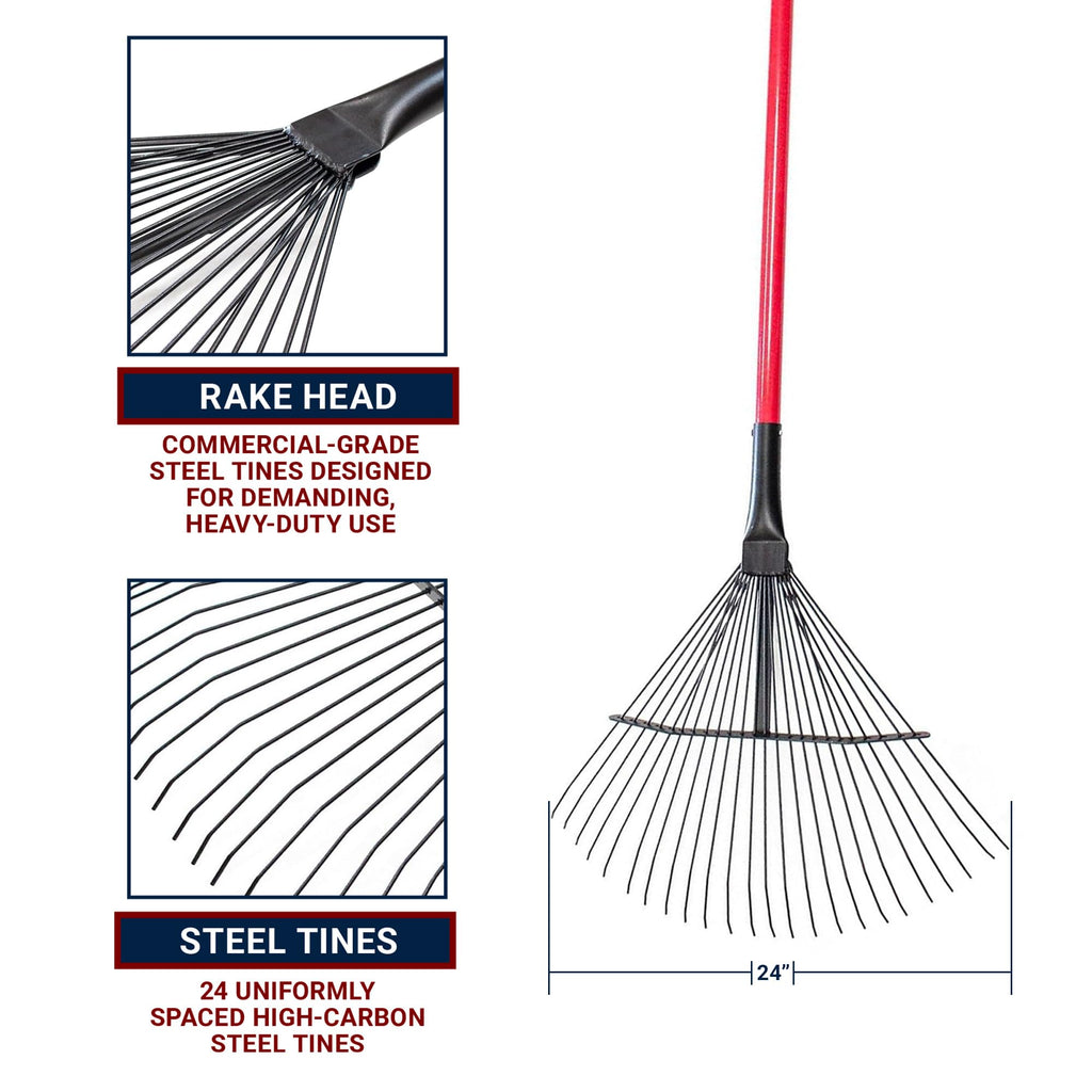 Bully Tools 24-Tine Thatching Garden Rake for Leaves | Heavy Duty Metal Leaf Rake | Dethatching Large Leaves and Yard Debris, 23.5" Wide 68" Fiberglass Long Handle Rakes for Gardening 100% Made in USA