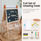 Tiny Land Easel for Kids, Double-Sided Magnetic Easel, Adjustable Wooden Kids Art Easel with Paper Roll, Learning-Toy for 3,4,5,6,7,8 Years Old Boy & Girls