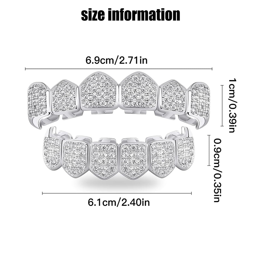 ASLLRISONY Unisex Gold-Plated Brass Hip Hop Imitation Diamond Fang Vampire Grillz, Halloween Costume Accessory Cosplay, 6 Top and Bottom Set Teeth Grillz with Extra Molding Bars