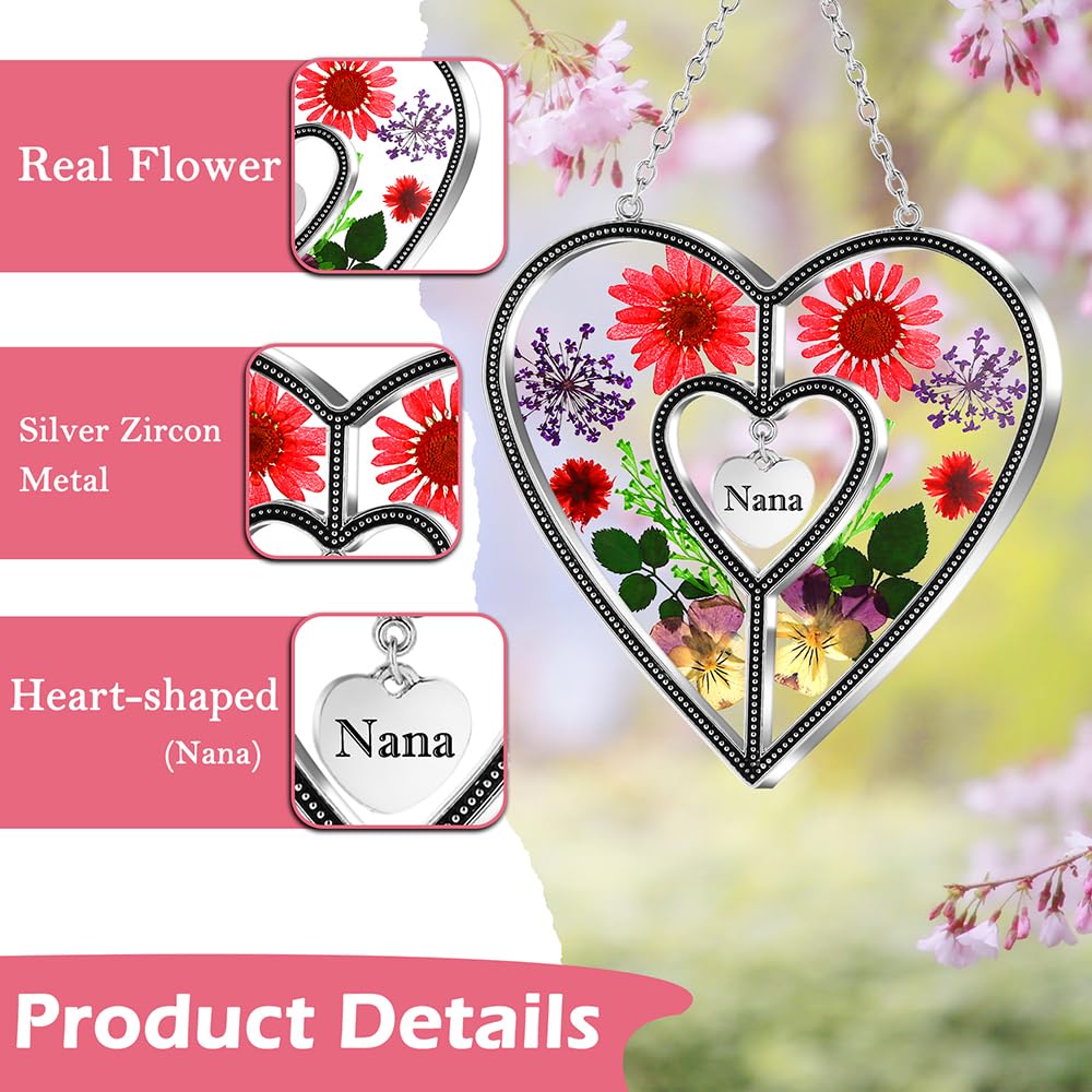 KY&BOSAM Nana Gifts Heart Suncatchers Pressed Flower Glass Window Hanging