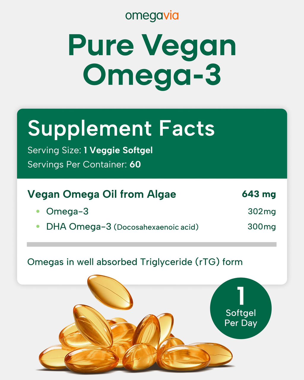 OmegaVia Vegan Omega 3 Supplement, Algae Omega 3 Fish Oil Alternative, 300mg Vegan DHA Fatty Acids, Plant Based, Planet and Ocean Friendly, IAOS 5 Star Tested, 60 Softgels