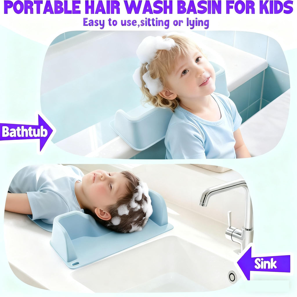 Portable Hair Washing Station Set,Silicone Hair Washing Station for Kids,ChildrenTeens,Sink or Bathtub Shampoo Buddy, Attached Shampoo Brush and Baby Bath Rinse Cup （Relaxing Hair Washing）