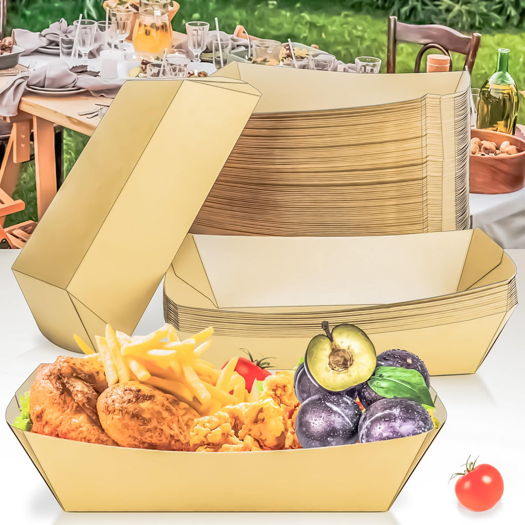 MotBach 125 Pack 5LB Extra Large Paper Food Boats Trays Disposable Paper Boat Plate Containers, Kraft Food Serving Tray Boat Basket Bowl for Snack Popcorn Burger Sandwich Taco BBQ Fries Dessert Nacho
