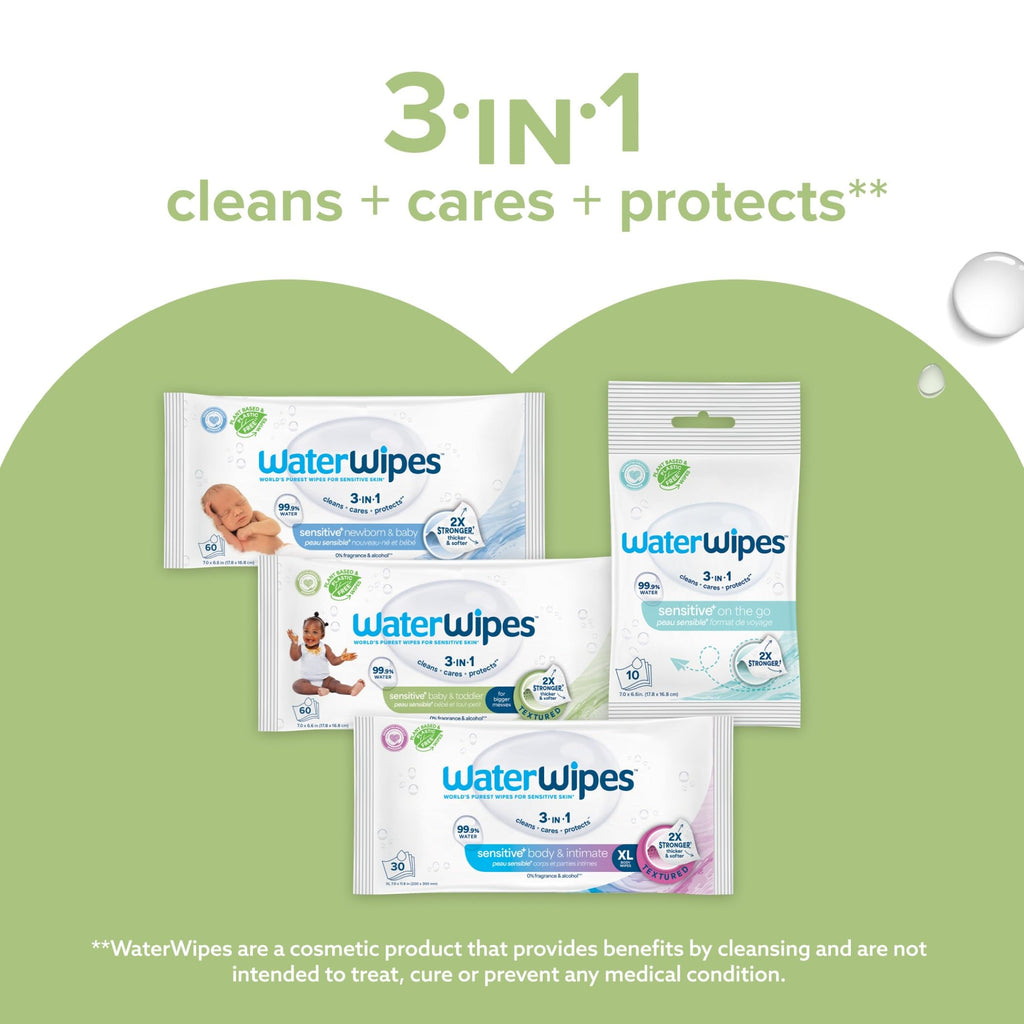 WaterWipes Sensitive+ Baby & Toddler Wipes, 3-In-1 Cleans, Cares, Protects, 99.9% Water, Textured Clean, Unscented & Hypoallergenic, 240 Count (4 Packs)