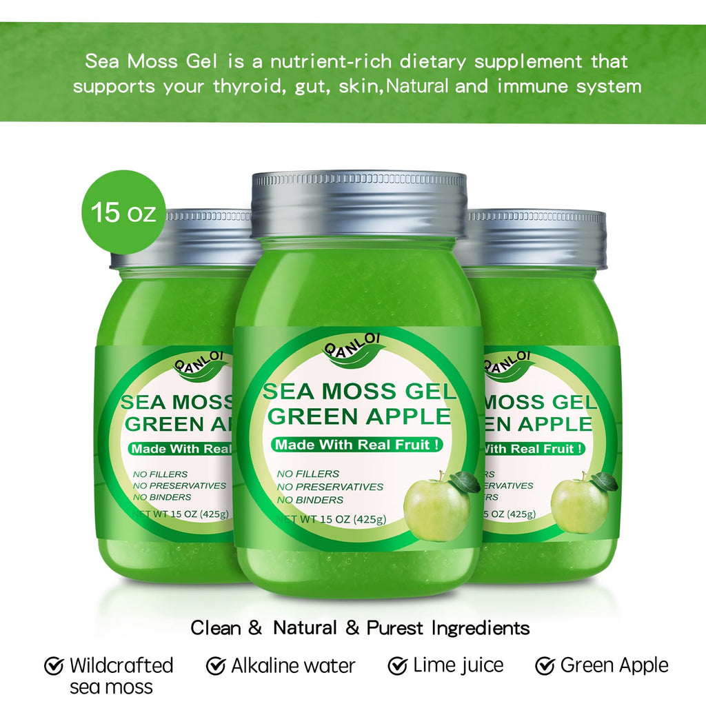 Sea Moss Raw,15OZ Natural Sea Moss Gel with Irish Sea Moss-Immune and Digestive Support Vitamin Mineral Antioxidant Supplements(Green Apple)