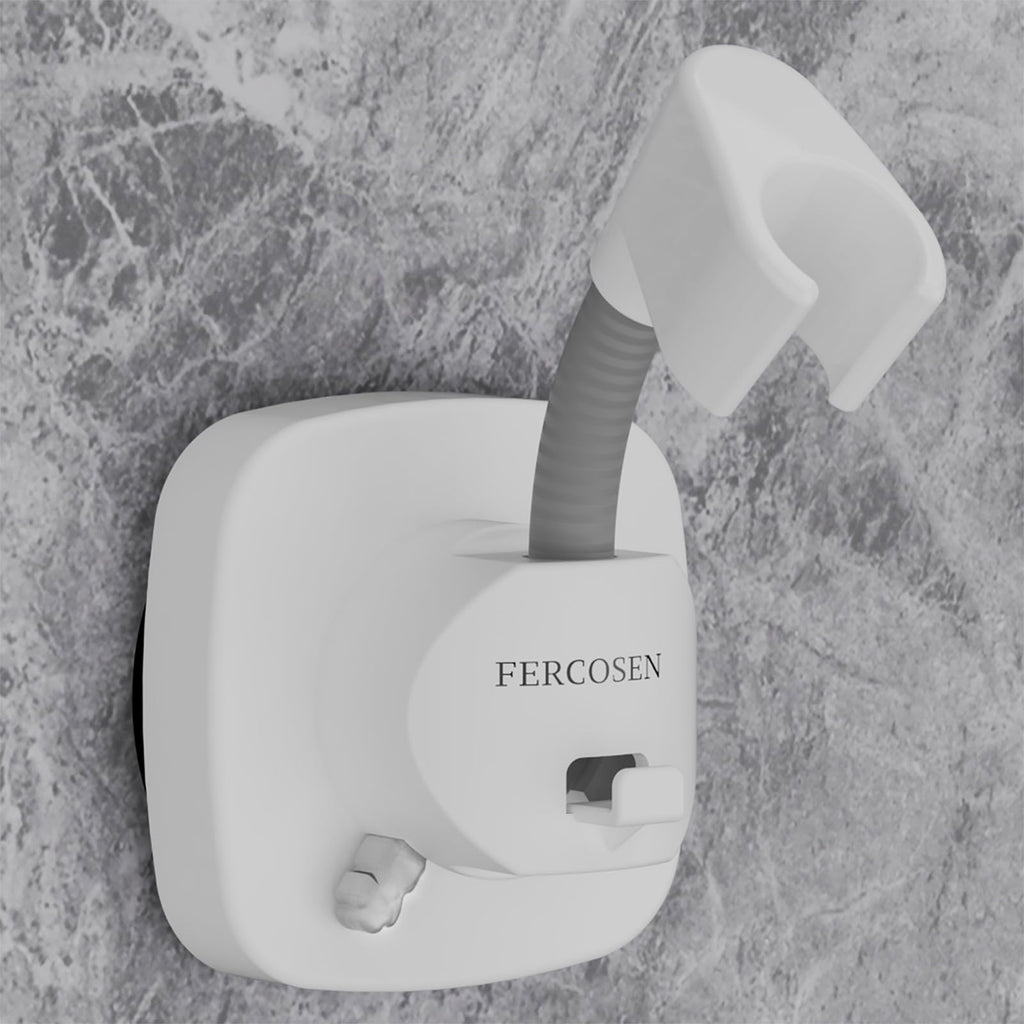 FERCOSEN 360° Swivel Shower Head Holder with Suction Cup | 10kg Load Capacity, Tool-Free Installation in Seconds | Removable and Rust-Resistant Shower Bracket with Storage Hook (White)