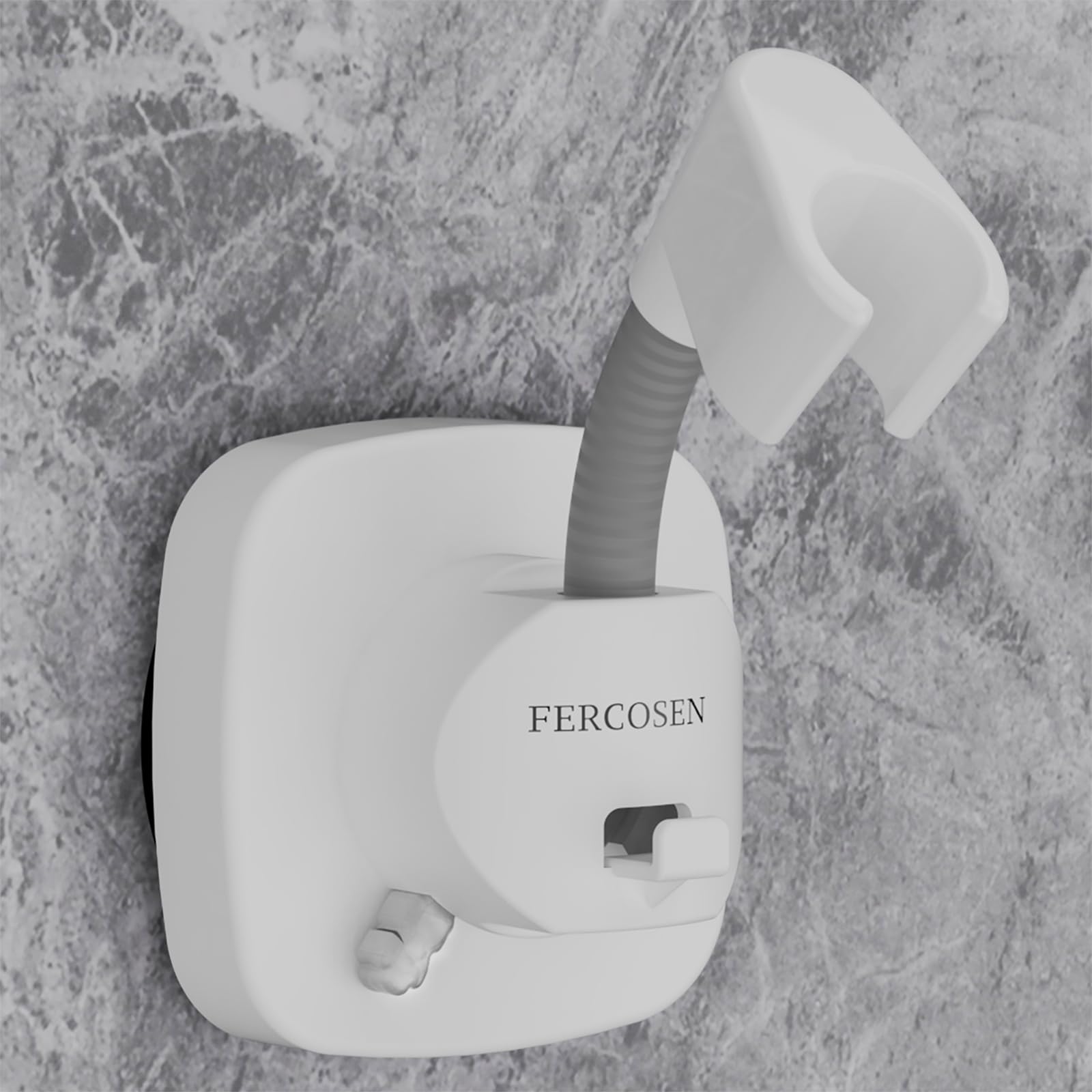 FERCOSEN 360° Swivel Shower Head Holder with Suction Cup | 10kg Load Capacity, Tool-Free Installation in Seconds | Removable and Rust-Resistant Shower Bracket with Storage Hook (White)
