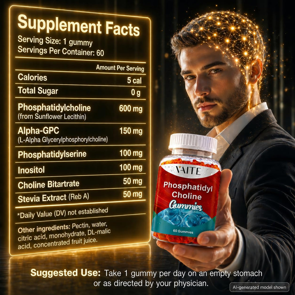 Phosphatidylcholine Gummies 600 mg (Sunflower Lecithin) 5-in-1 Choline Complex with Alpha GPC 150 mg, Phosphatidylserine 100 mg, Inositol 100 mg & Choline Bitartrate 50 mg for Daily Focus 60 Count