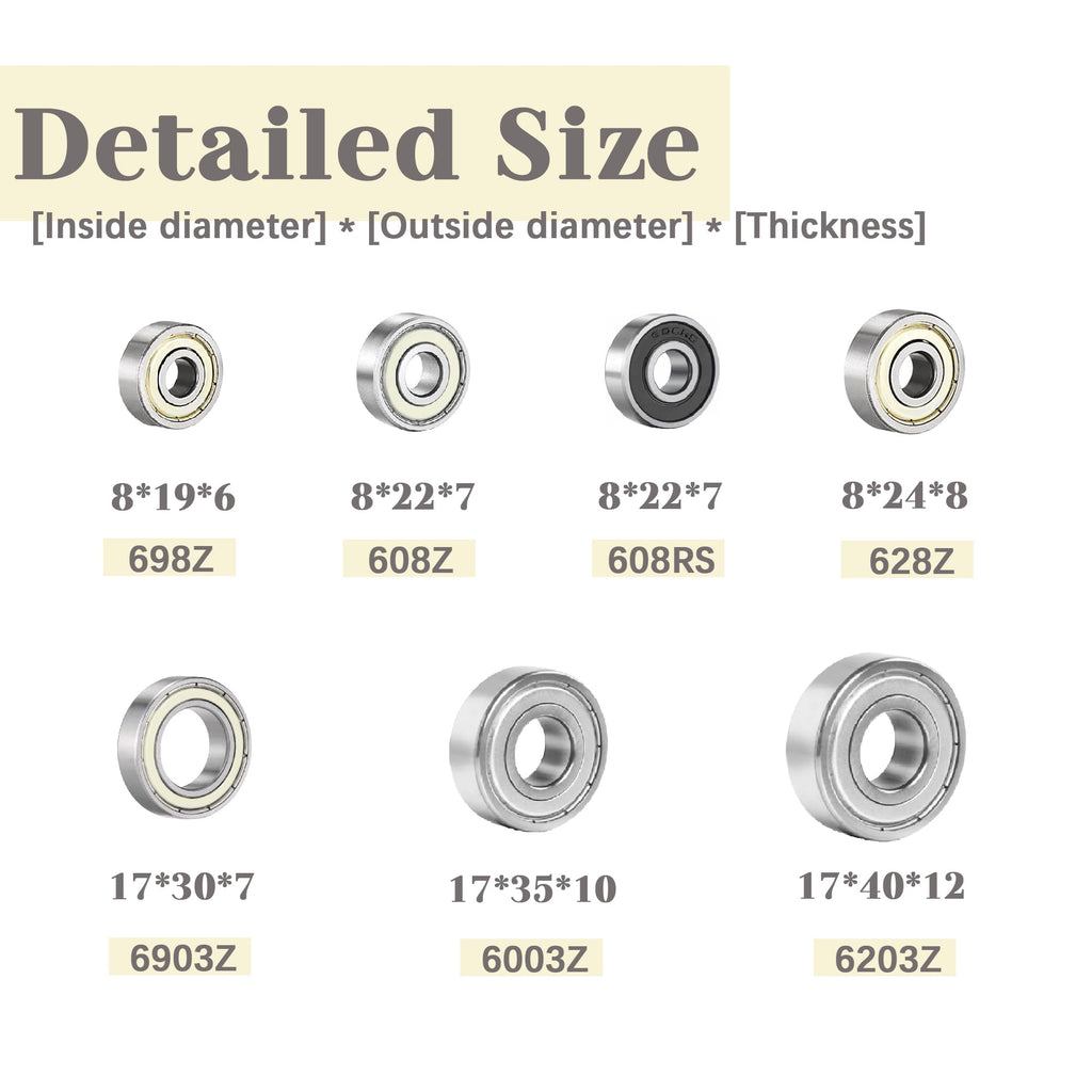 Dianrui 608RS/ 608ZZ/ 698ZZ/ 628ZZ/ 6903ZZ/ 6003ZZ/ 6203ZZ - 44 PCS Ball Bearings Assortment Kit, Carbon Steel Deep Groove Bearing for Furniture Wheel, Roller Skates, 3D Printing and ect—7 Size