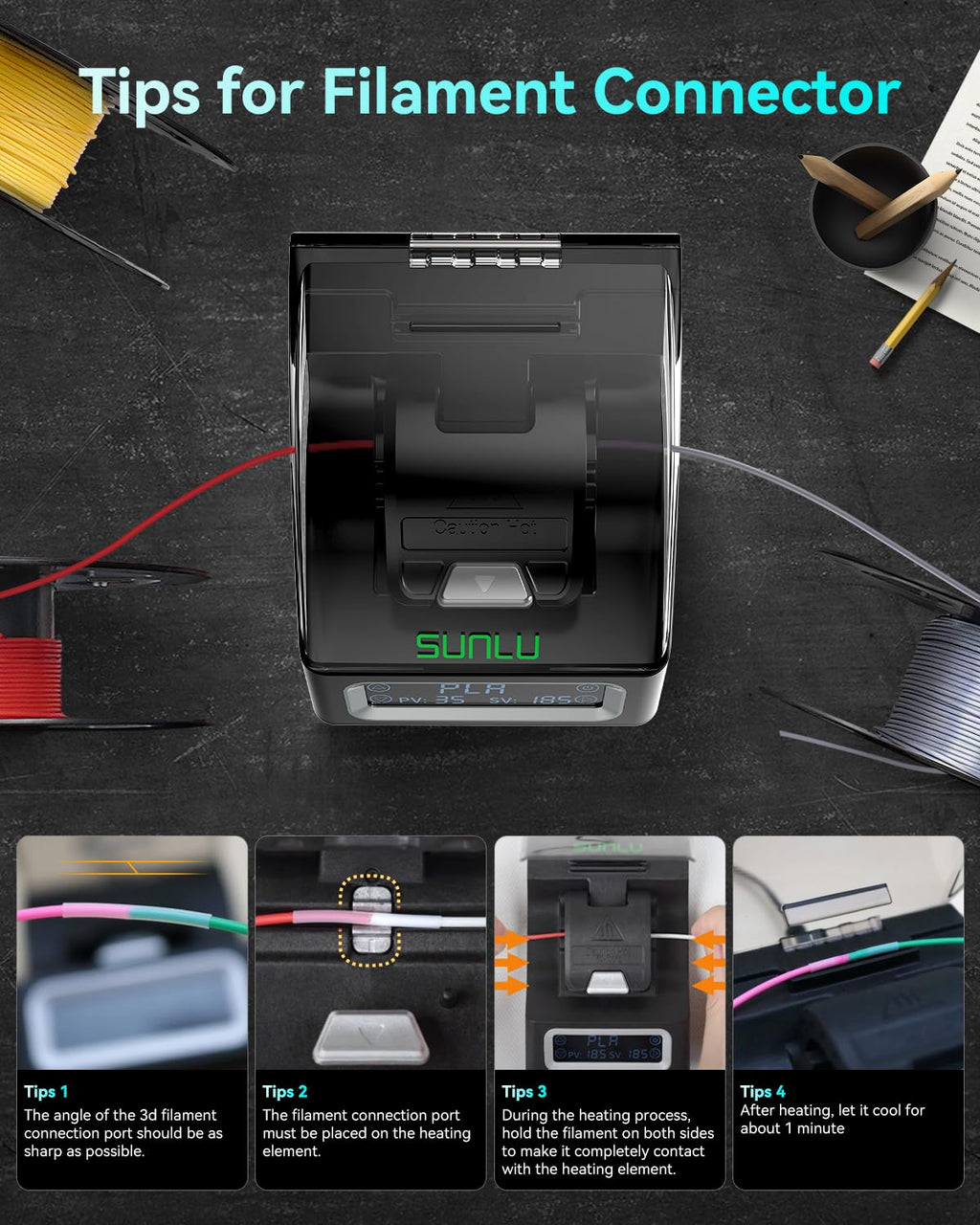 SUNLU Official Filament Connector, Fast Heating Filament Splicer for 3D Printer Filament 1.75mm, Up to 240°C, Compatible with PLA PETG TPU ABS PA Nylon, Easy to Use, Pack with 200PCS PTFE Sleeve
