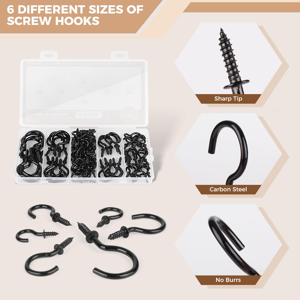 RELBRO Screw Hooks, 6 Sizes Metal Screw in Cup Hooks, Black, 110 Pcs
