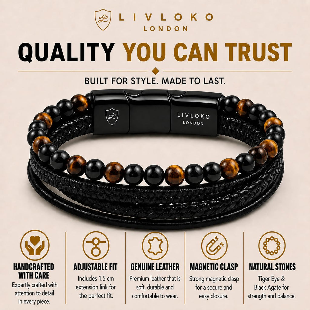 LIVLOKO LONDON Mens Bracelet Leather Black Multi-Layer Tiger Eye Stone Beads Magnetic Adjutable Steel Clasp Viking Rope Bands Surfer Man Wristband Male UK Jewellery Gift box Husband Boyfriend Dad Son
