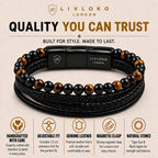 LIVLOKO LONDON Mens Bracelet Leather Black Multi-Layer Tiger Eye Stone Beads Magnetic Adjutable Steel Clasp Viking Rope Bands Surfer Man Wristband Male UK Jewellery Gift box Husband Boyfriend Dad Son