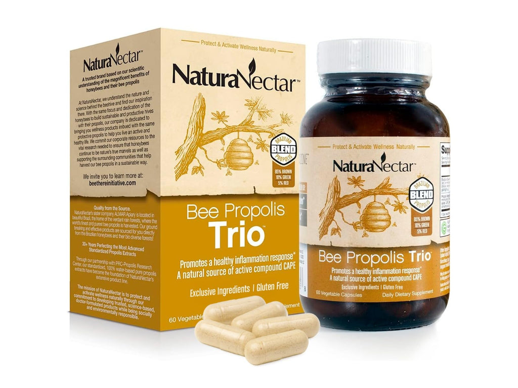 NaturaNectar - Bee Propolis Trio Capsules, NSF Certified Premium Brazilian Propolis - Gluten-Free Supplements with More Diverse Flavonoids & PWE - Naturally Sourced Through Ethical Beekeeping (60pcs.)