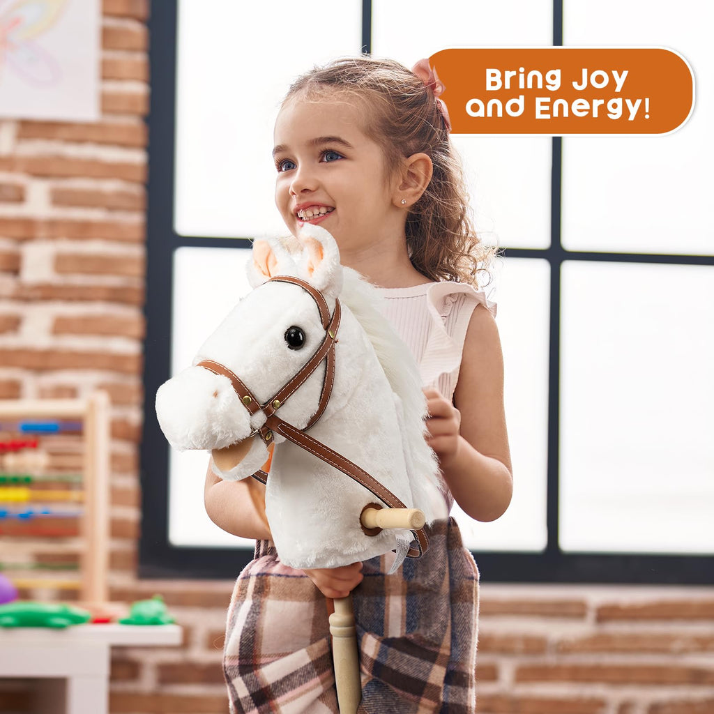 HollyHOME Stick Horse Plush Handcrafted Hobby Horse on a Stick with Wood Wheels Real Pony Neighing and Galloping Sounds for Kids Toddlers White 36 Inches(AA Batteries Required)