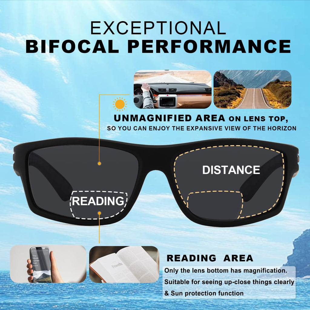 Missfive 2-Pack Mens Ultimate Bifocal Sunglasses with Readers Built In Sporty Upgraded Wrap Frame, UV400 Protection Driving & Reading Glasses for Outdoor +1.5