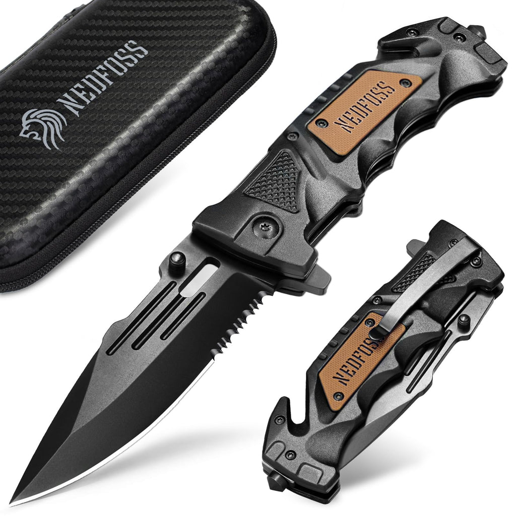 NedFoss Pocket Folding Knife Gift for Men DA75, 3 in 1 Pocket Knife for Men, 3.9” Serrated Blade, Survival Knife with Liner-Lock Belt Clip, Seat Belt Cutter, Glass Breaker, Tacical Gear, Hunting knife for Camping Hiking Outdoor