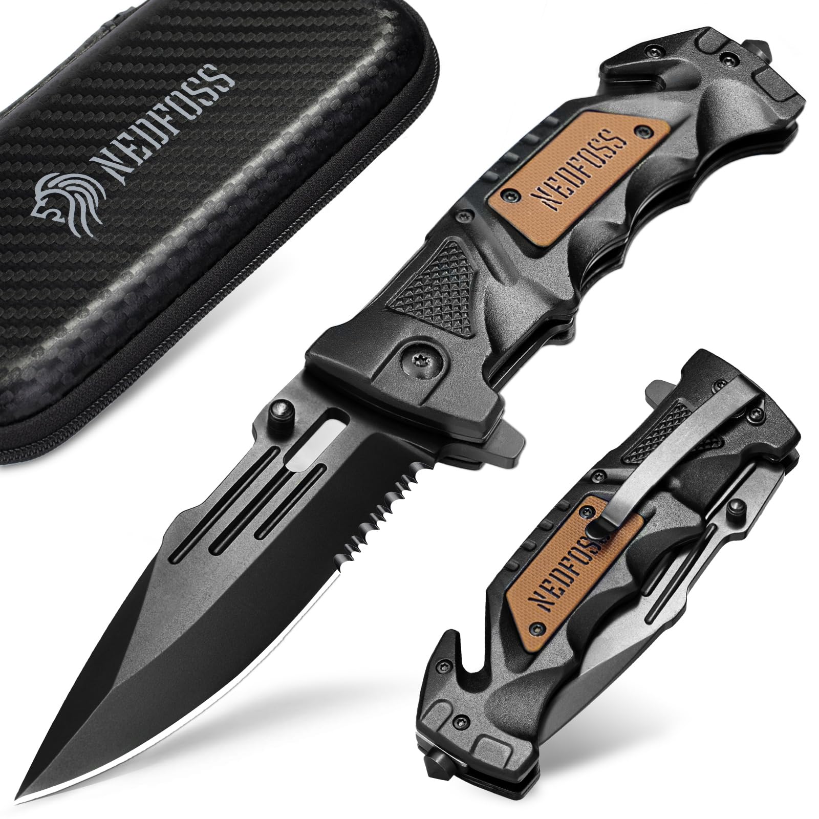 NedFoss Pocket Folding Knife Gift for Men DA75, 3 in 1 Pocket Knife for Men, 3.9” Serrated Blade, Survival Knife with Liner-Lock Belt Clip, Seat Belt Cutter, Glass Breaker, Tacical Gear, Hunting knife for Camping Hiking Outdoor