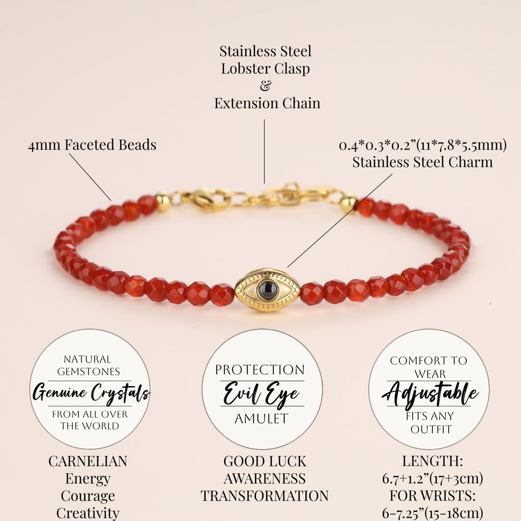 COAI Red Carnelian Bracelet for Women, Crystal Beads Dainty Evil Eye Bracelet for Women 4mm
