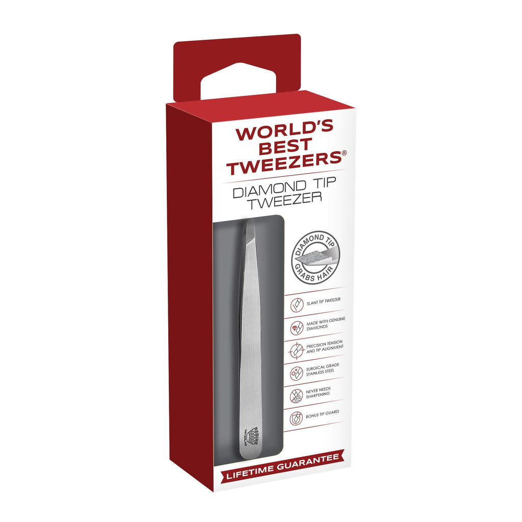 World's Best Tweezers Diamond Tip - Diamond Coated Slant Precision Tweezer for Eyebrow, Facial & Ingrown Hair Removal - Suitably Aligned Stainless Steel Tool Grabs Hair from The Root