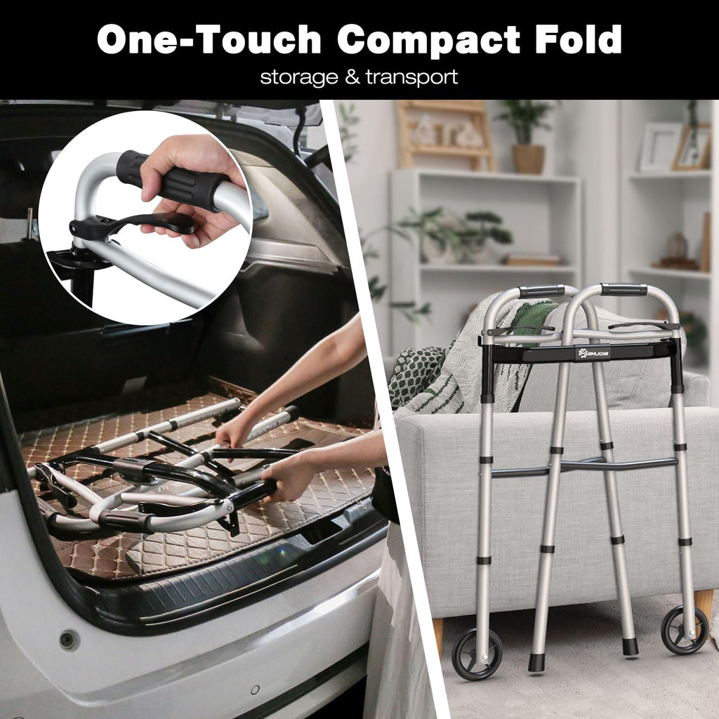 Narrow Folding Walkers for Seniors,Aluminum Lightweight Walkers with Wheels, Adjustable Width and Height Front Wheel Walker for Elderly and Disabled, Supports up to 350 lbs