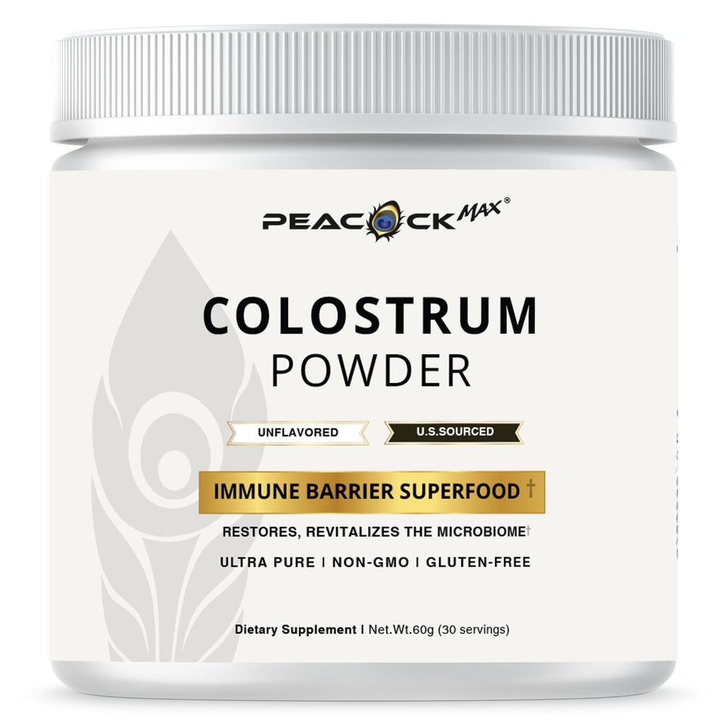 Peacock Max Colostrum Powder – 60g (30 Servings), Unflavored Bovine Colostrum Supplement, Superfood for Hair, Skin & Gut Health, Gluten-Free, Non-GMO