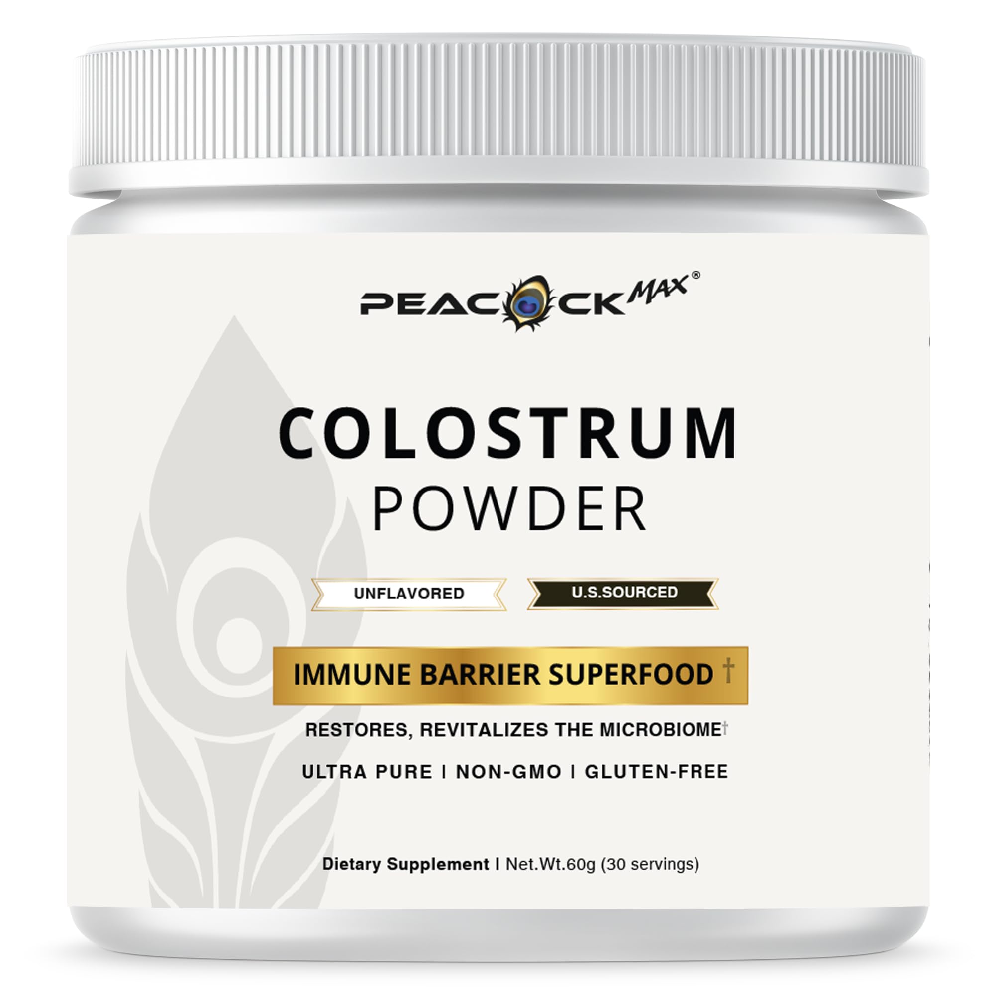 Peacock Max Colostrum Powder – 60g (30 Servings), Unflavored Bovine Colostrum Supplement, Superfood for Hair, Skin & Gut Health, Gluten-Free, Non-GMO