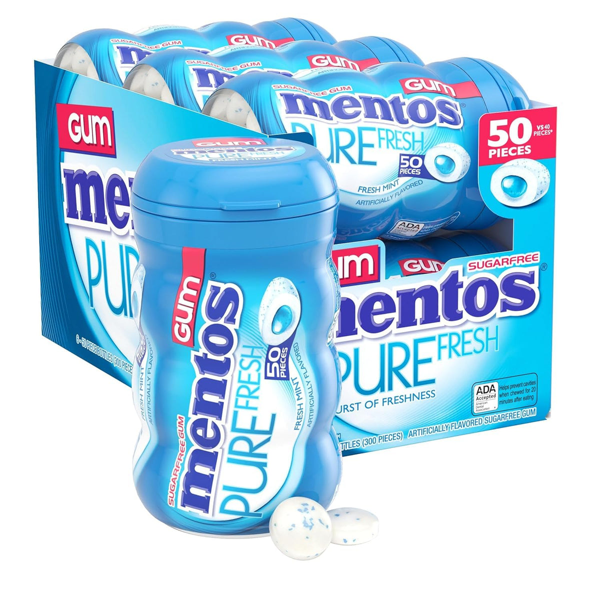 Mentos Pure Fresh Sugar-Free Chewing Gum, Fresh Mint, 50 Count (6 Pack)
