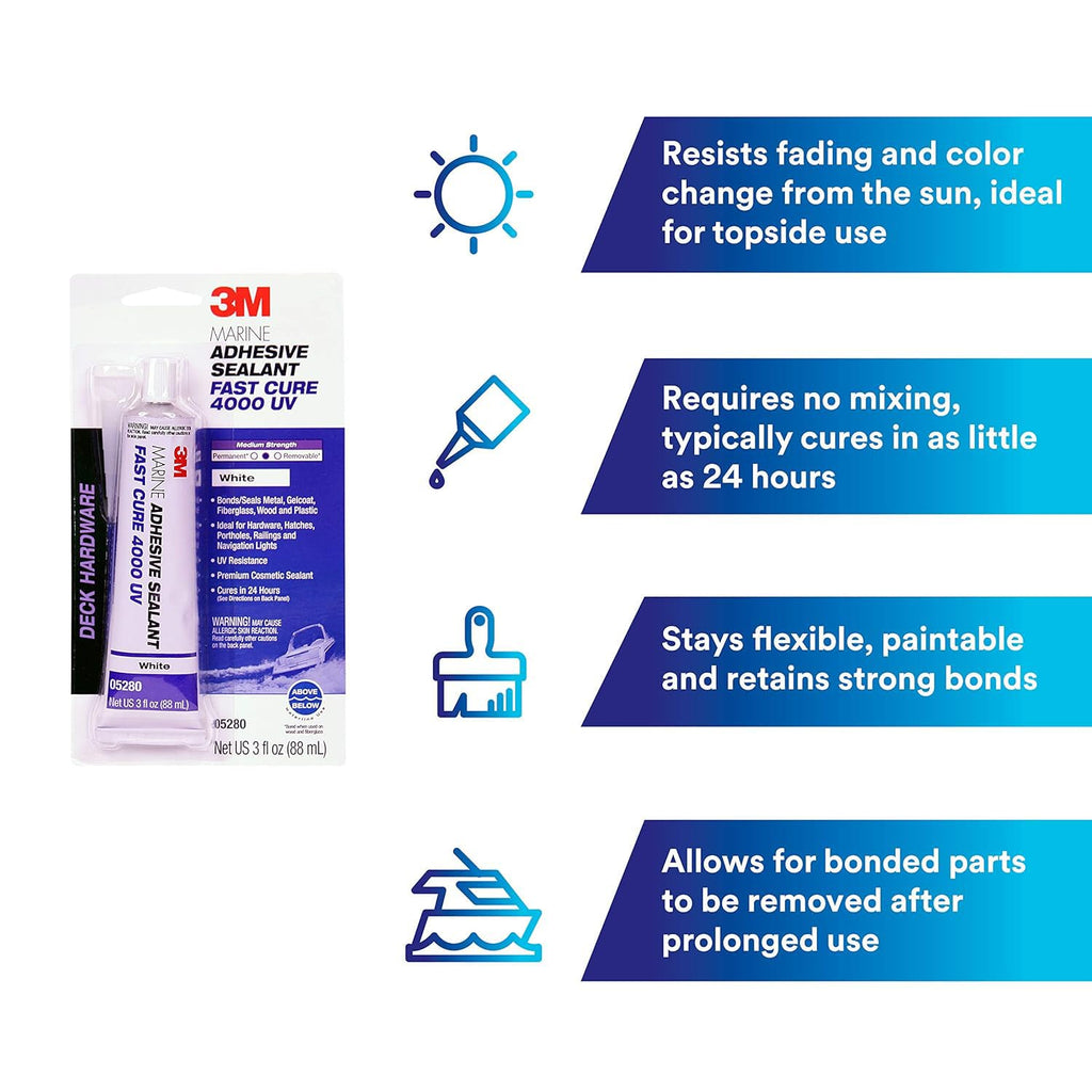 3M Marine Adhesive Sealant 4000 UV (05280), Medium Strength Flexible Waterproof Adhesive Sealant for Boats and RVs, UV Resistant, Cures in 24 Hours, White, 3 fl oz Tube