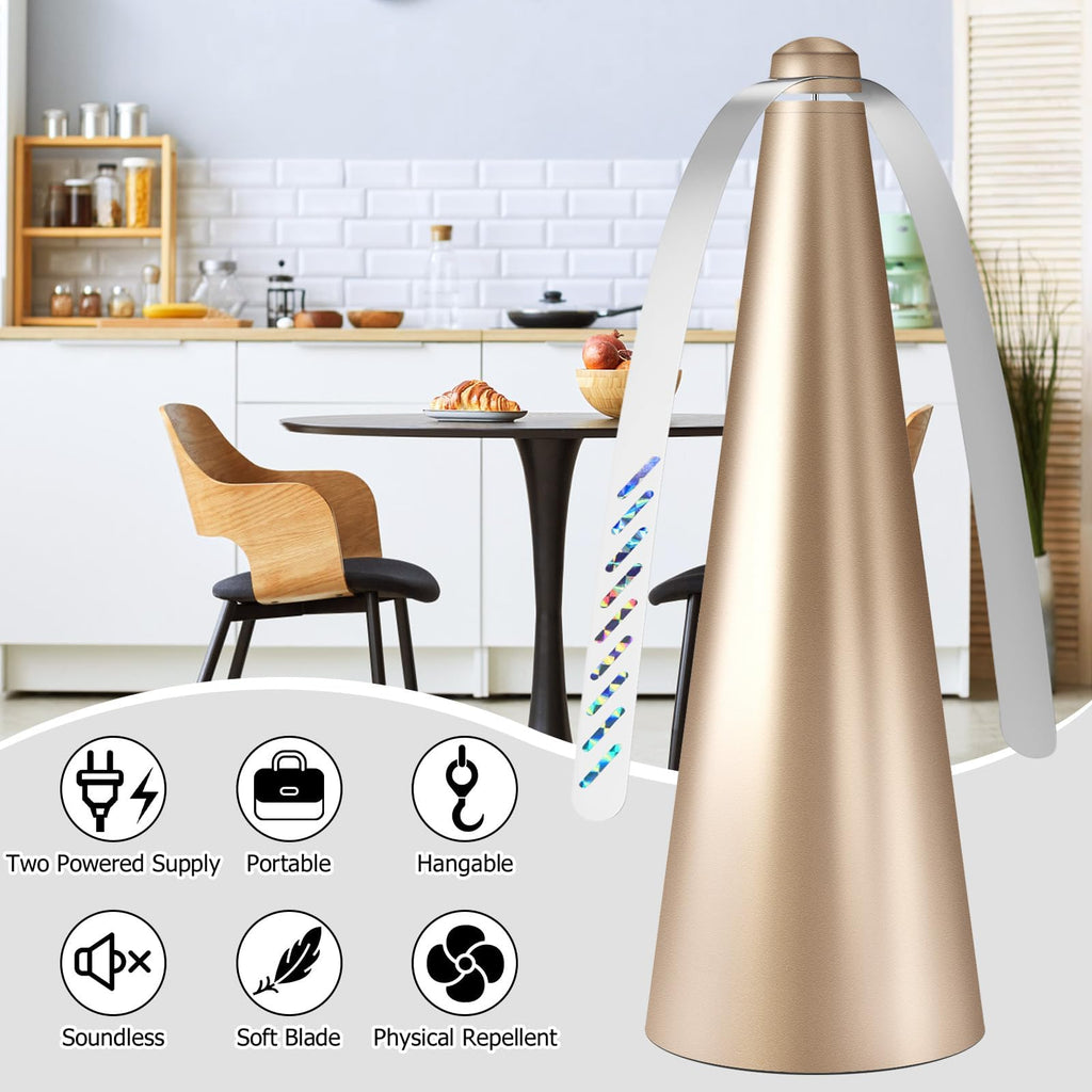 Glovv Fly Fans for Tables, Bug Food Fan Outdoor Indoor Keep Flies Away, 4 Pack Portable Batteries Powered Picnic Table Top Spinner with Metal Hanger, Fly Repellent for Restaurant, Camping (Golden)
