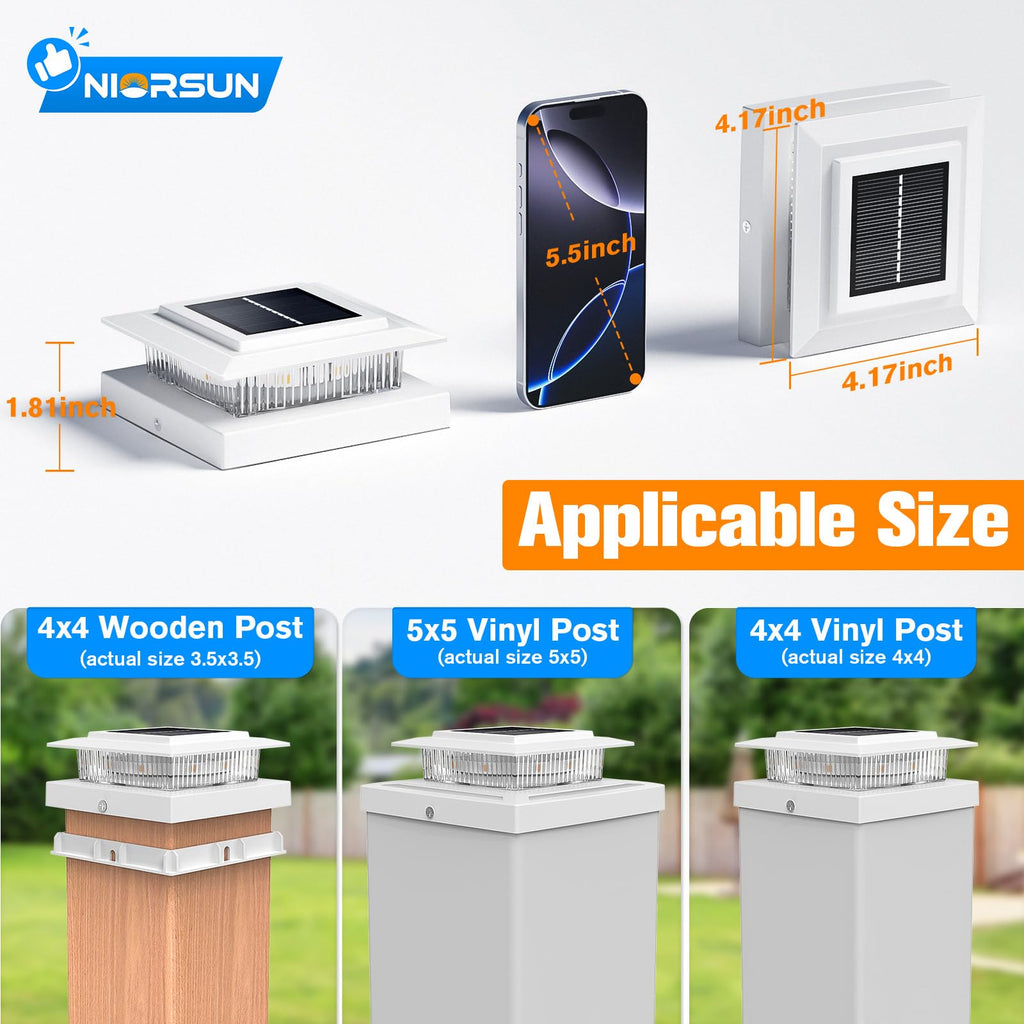 NIORSUN Solar Post Cap Lights Outdoor Waterproof, 4x4 Post Solar Lights 2 Color Modes, Fence Posts Solars Light for Deck Patio Garden Deco, 4x4 Posts Caps Wood Vinyl, 5x5 Vinyl, 6 Pack (White)
