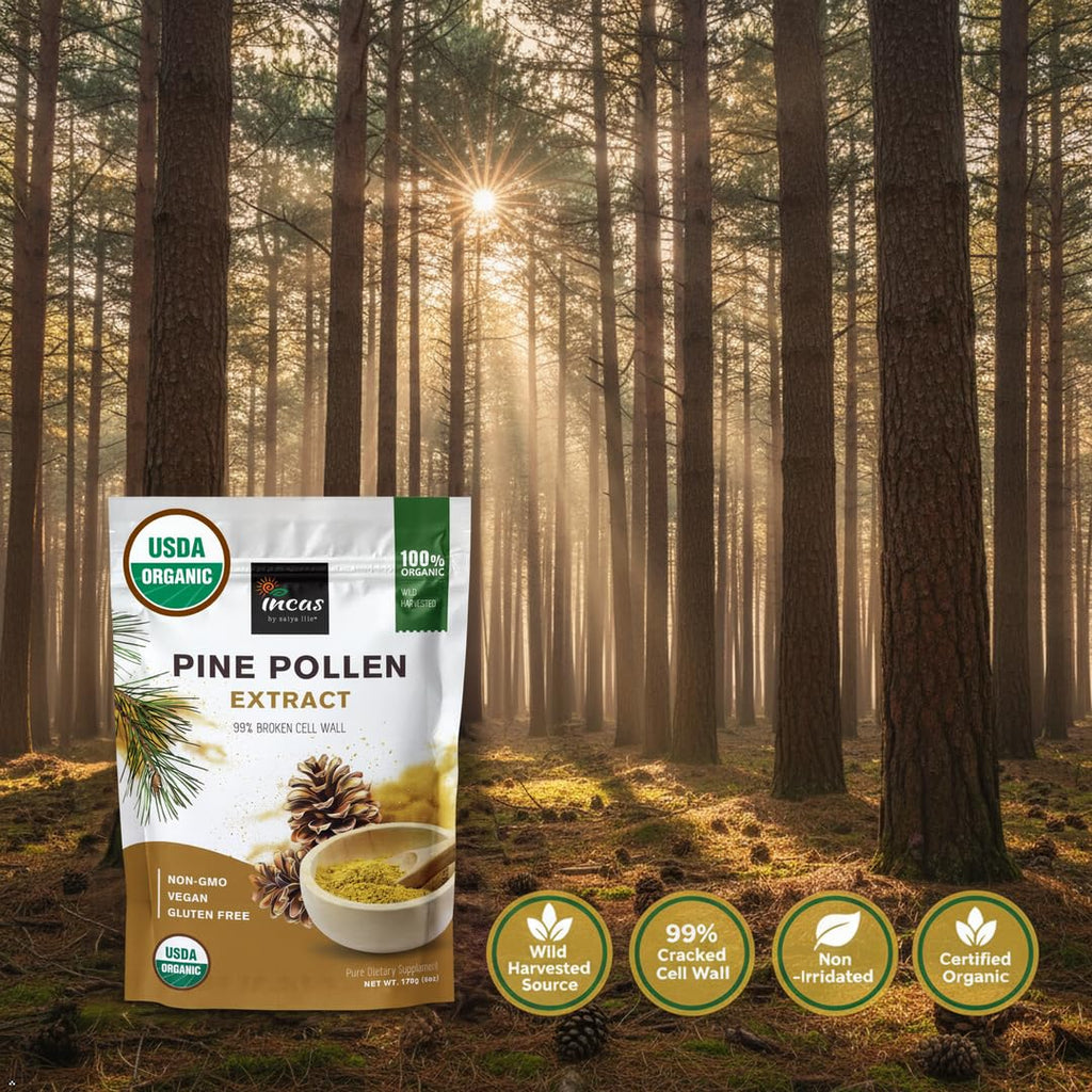 INCAS 100% USDA Organic Pine Pollen Powder (6 Ounces) Non GMO Verified 99% Cracked Cell Wall, Wild HARVESTED, Non-Irradiated, Boosts Energy & Immune Support, No Fillers or Additives