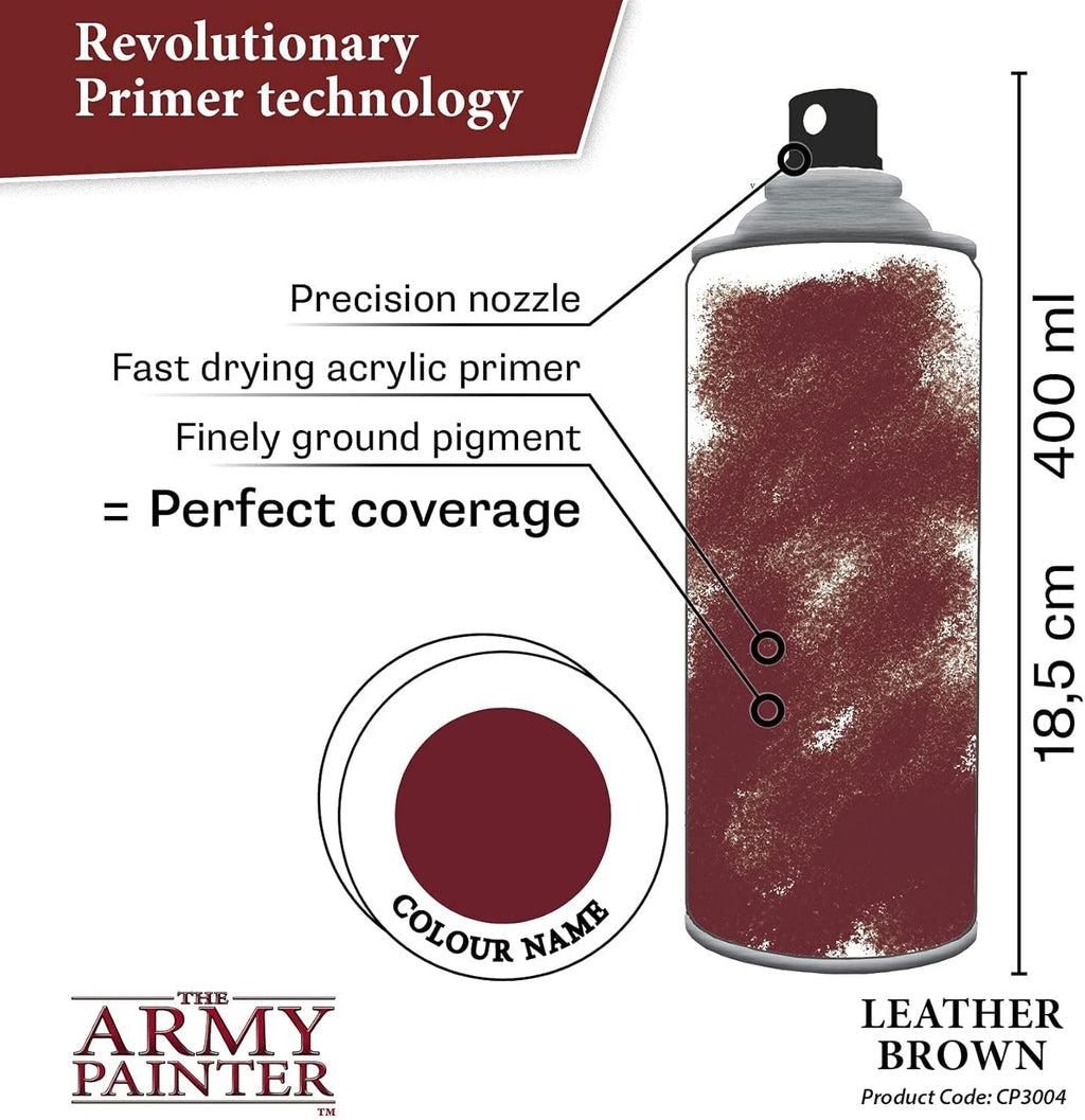 The Army Painter Color Primer, Leather Brown, 400ml, 13.5oz - Acrylic Spray Undercoat for Miniature Painting