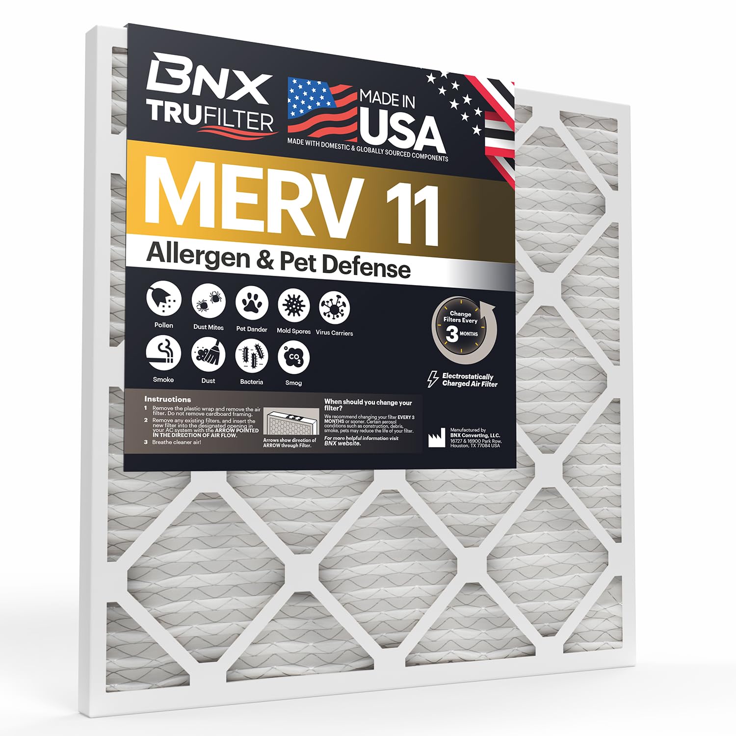 BNX TruFilter 20x22x1 Air Filter MERV 11 (2-Pack) - MADE IN USA - Allergen Defense Electrostatic Pleated Air Conditioner HVAC AC Furnace Filters for Allergies, Dust, Pet, Smoke, Allergy MPR 1200 FPR 7