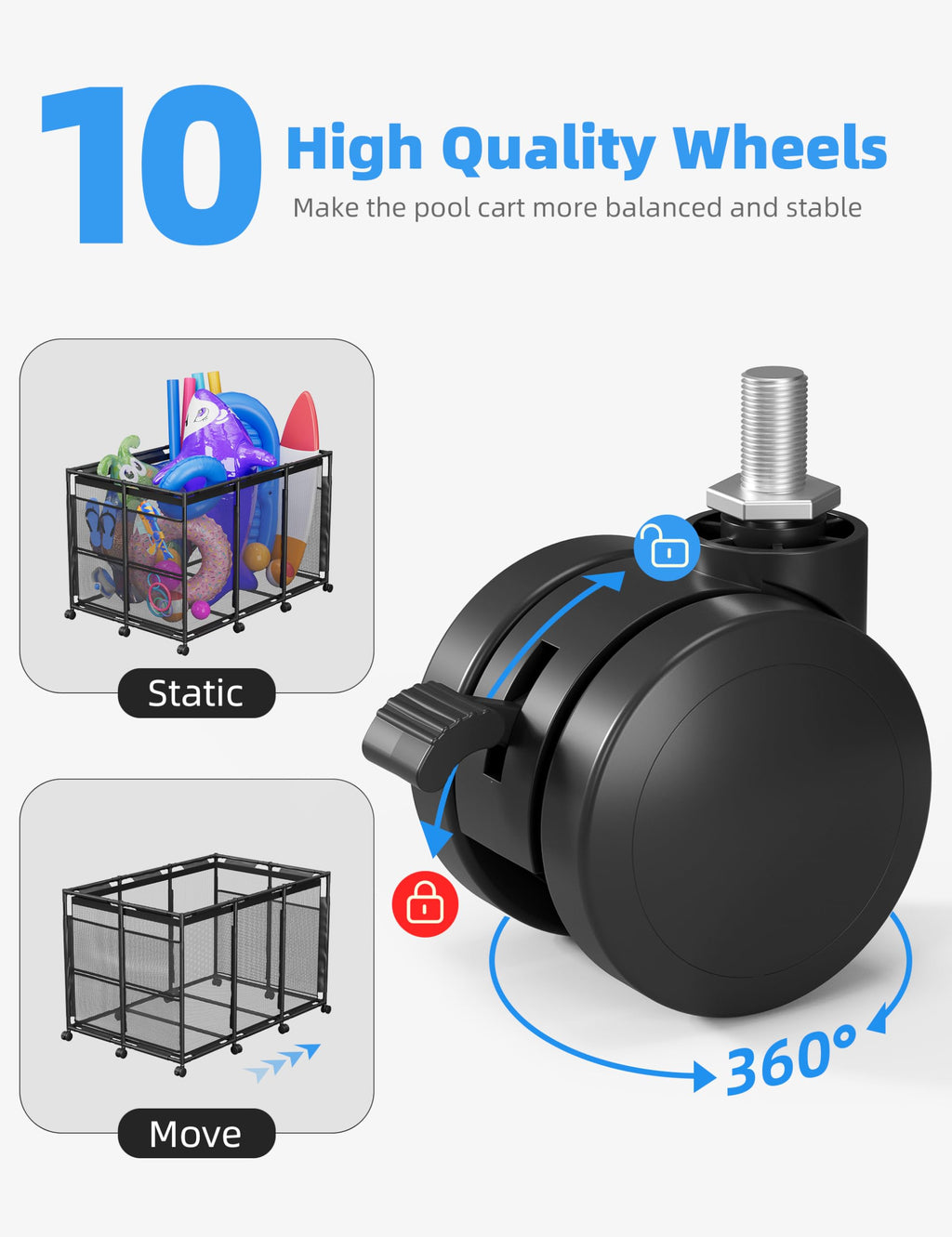 POOLHOUR Pool Float Storage – Outdoor Pool Toy Storage Organizer for Pool Noodles, Toys, Floats, Balls,Equipment, Mesh Rolling Storage Organizer Bin, Black