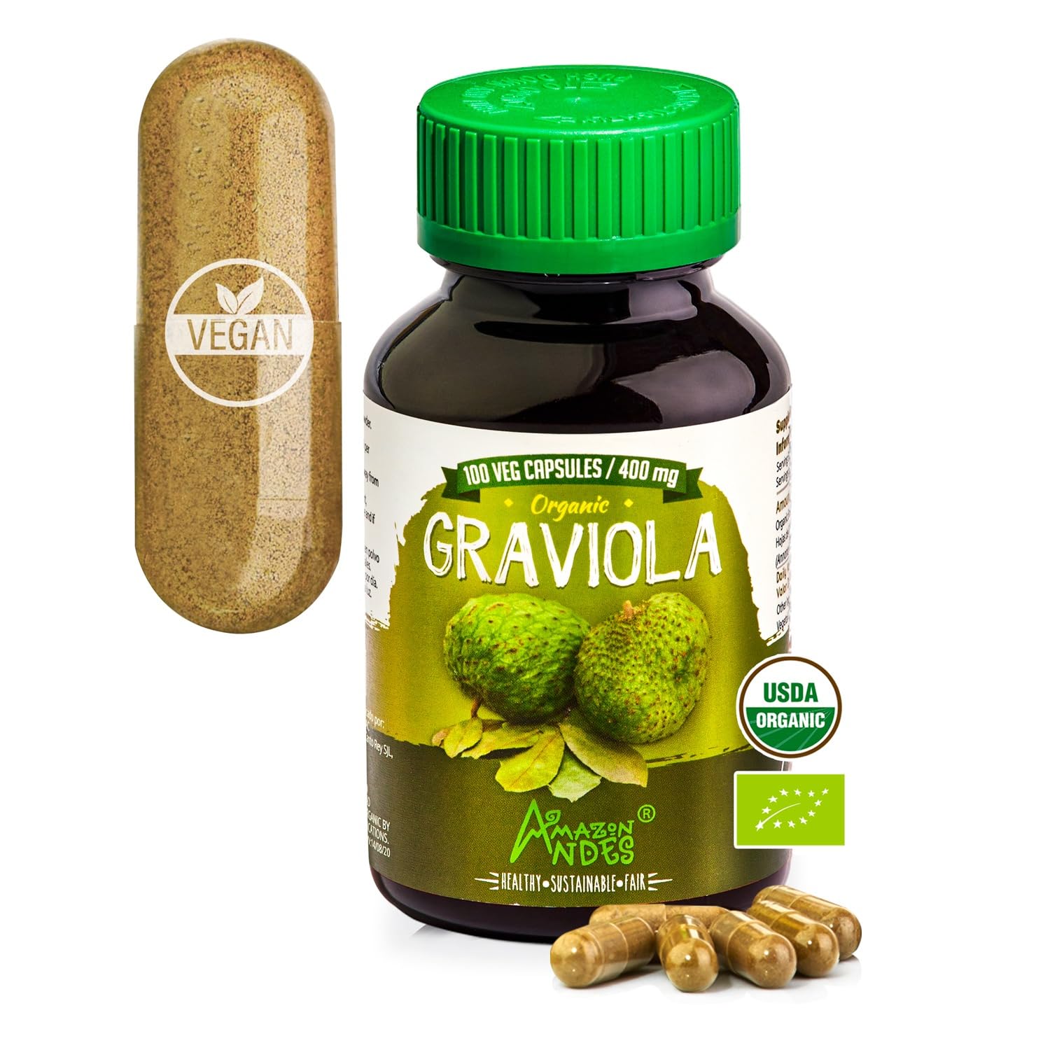 Amazon Andes Organic Graviola Soursop Leaf Capsules 400mg - USDA Certified Annona Muricata from Peruvian Amazon Rainforest - 100 Vegetarian Caps - Guanabana Brazilian Paw Paw Non-GMO