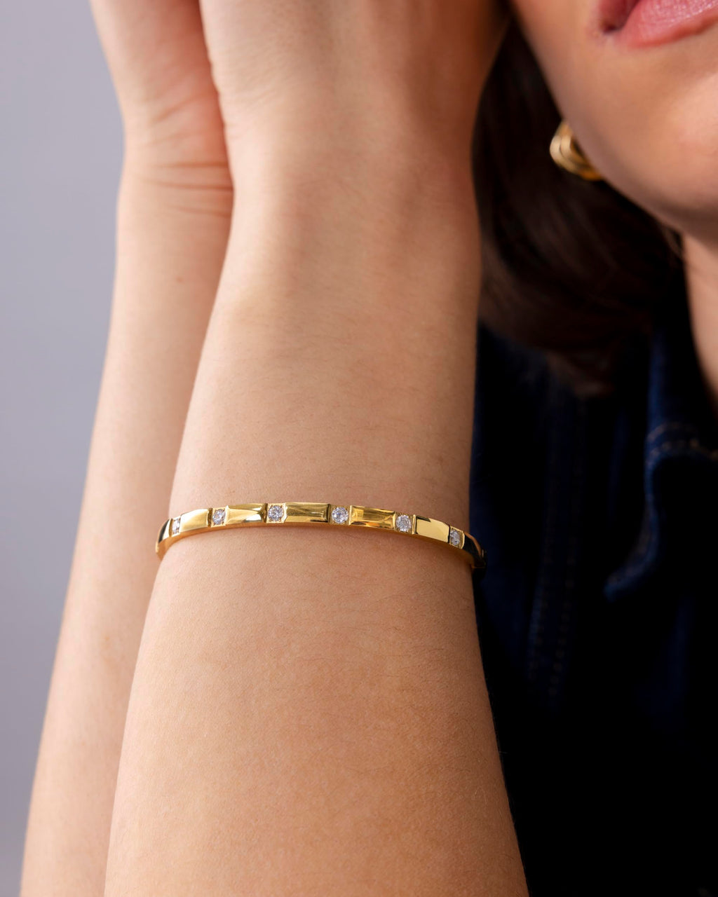 PAVOI CZ Dainty Waterproof Bangle Bracelet for Women, Yellow Gold, 6.5IN
