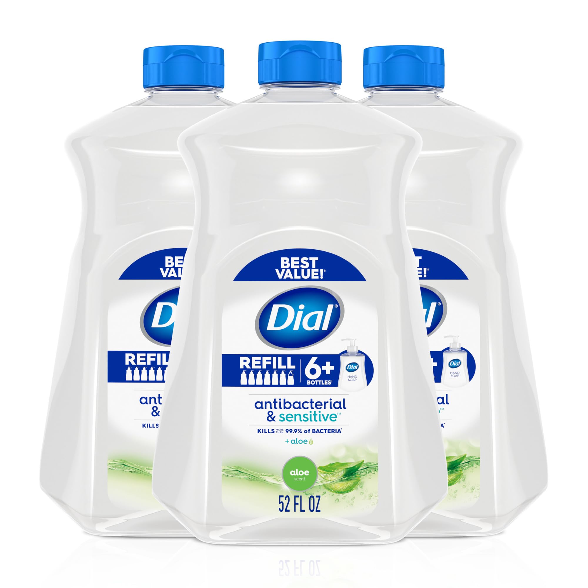 Dial Antibacterial Defense Liquid Hand Soap + Aloe, Aloe Scent, 52 Fl Oz Hand Soap Refill (Pack of 3), Dermatologist-Tested, Gentle Formula