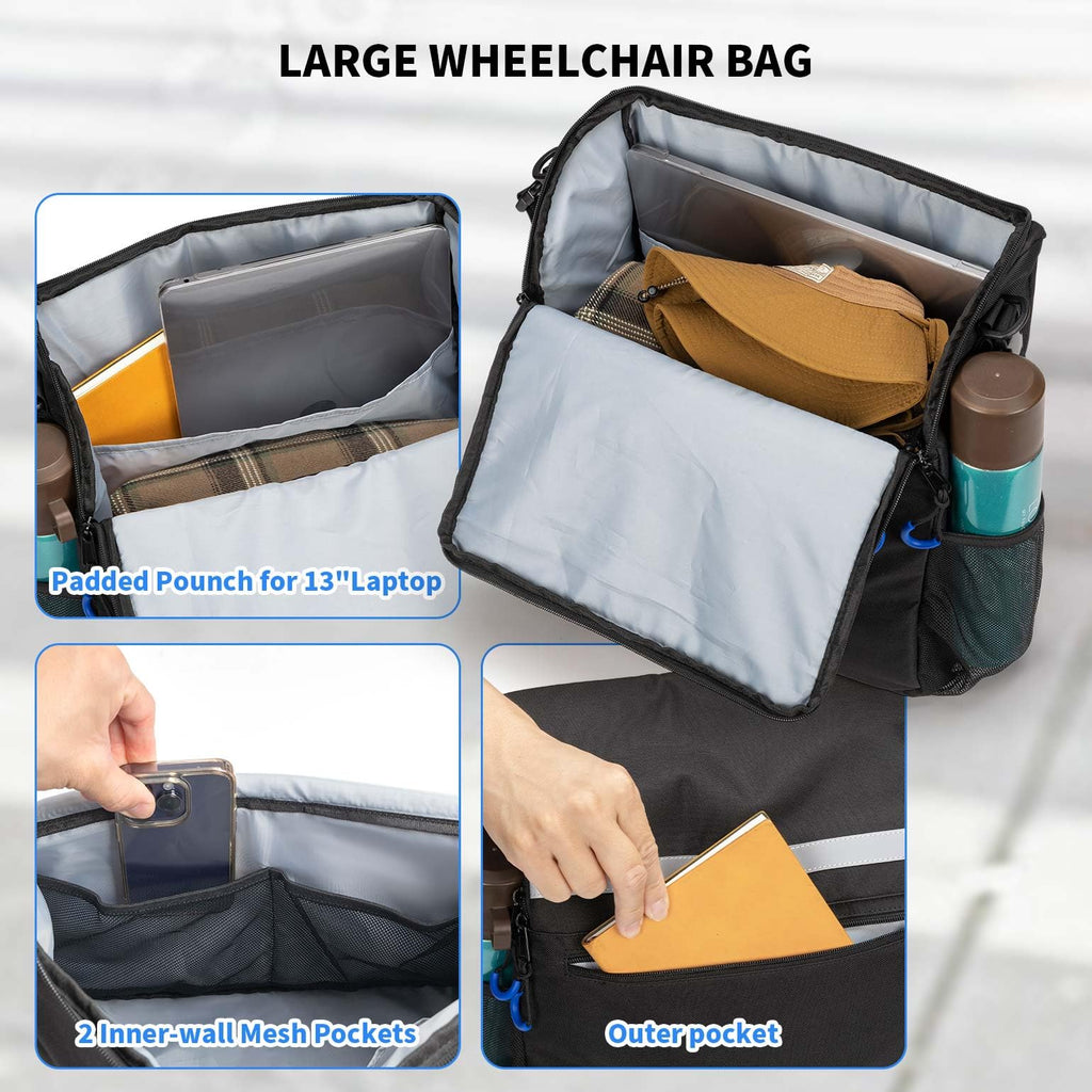 ZHCHG Wheelchair Bags, Wheelchair Backpack with Cup Holder, Wheelchair Bags to Hang on Back, Electric Wheel Chair Accessories, Large Storage Bag for Walker Rollator