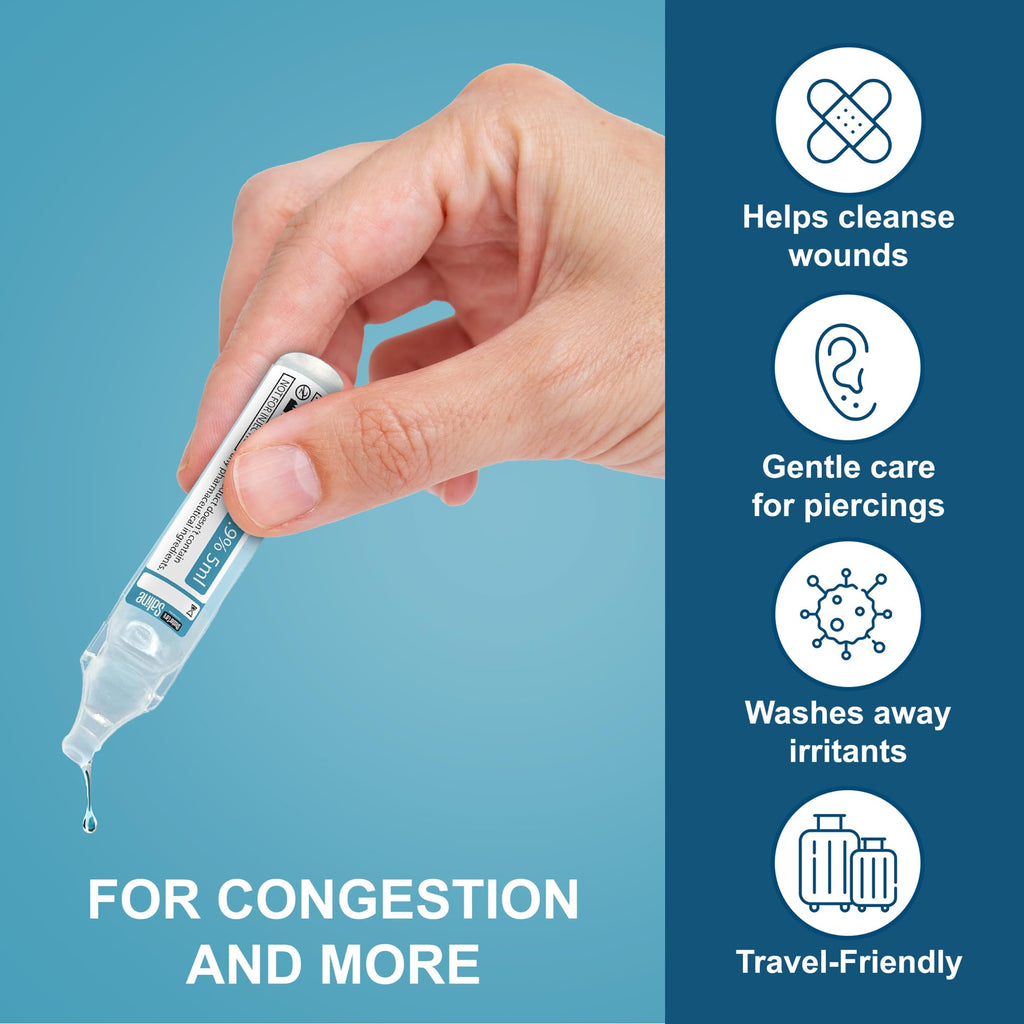 Saline Ampoules - Saline Solution, Sodium Chloride 0.9%, Nasal Cleanse for Babies, Kids, & Adults, Sterile Nasal Care, Wound Cleansing - 50 Count (5ml Each)