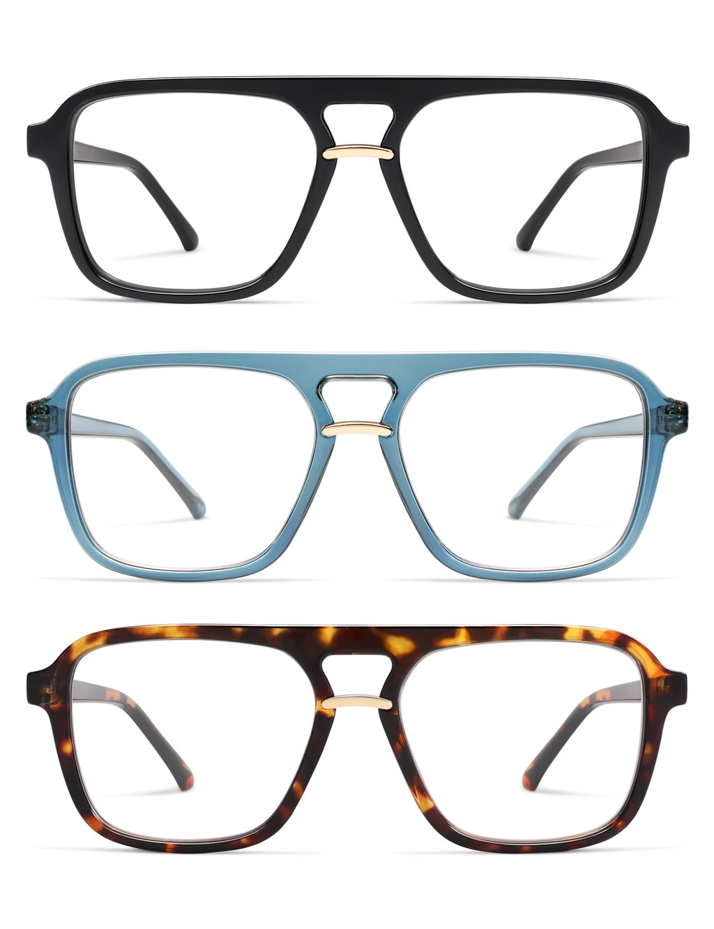 AMOMOMA 3 Pack Trendy Aviator Reading Glasses for Women Men Stylish Square Blue Light Blocking Readers AM6164 Mix (+1.50 Magnification Strength)