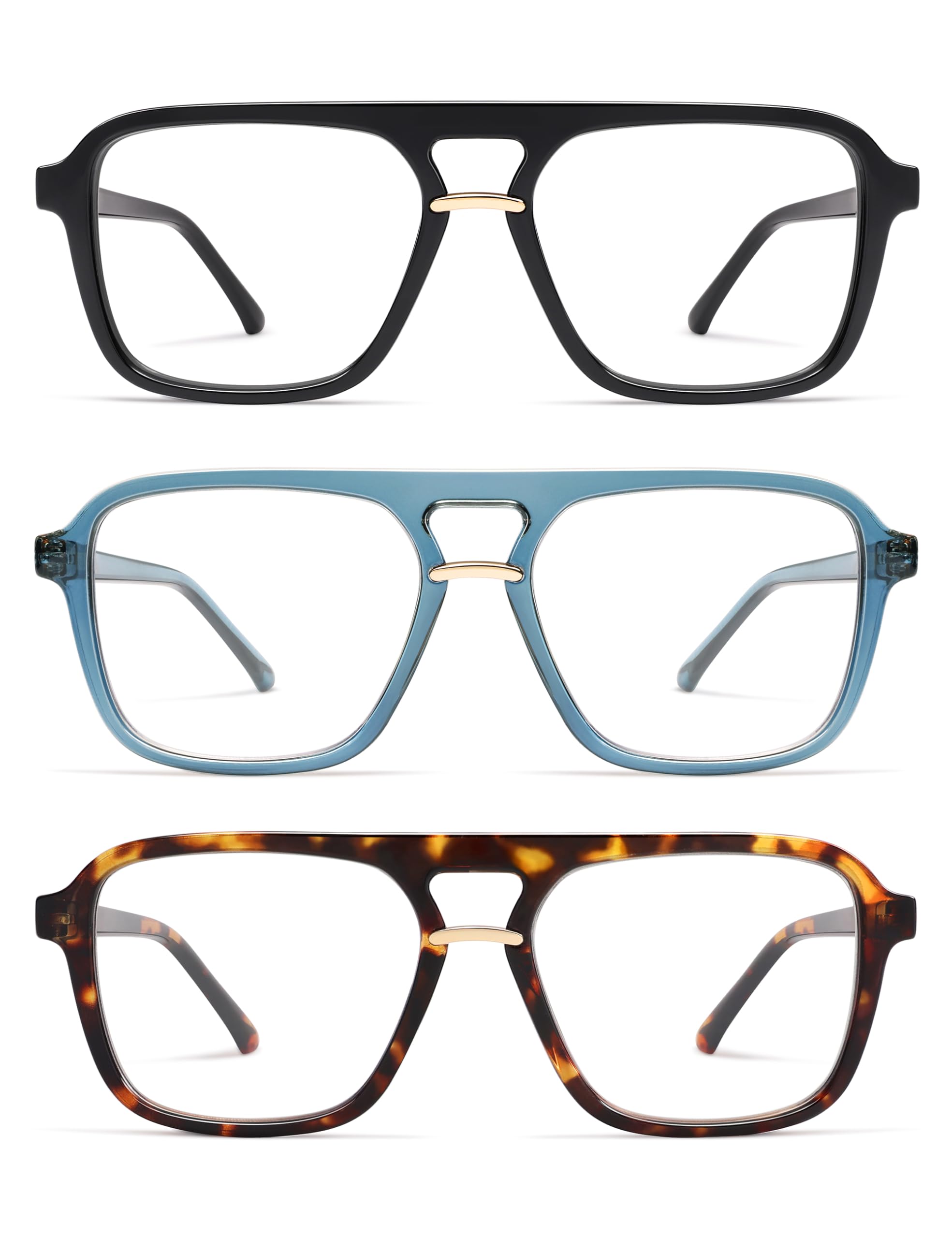 AMOMOMA 3 Pack Trendy Aviator Reading Glasses for Women Men Stylish Square Blue Light Blocking Readers AM6164 Mix (+1.50 Magnification Strength)