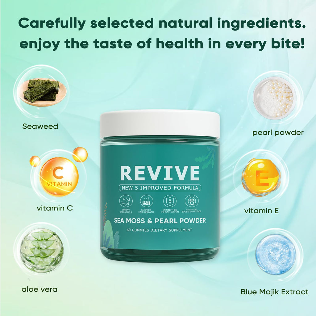 KLUNIZ Revive Hair Gummies, Balmbare Revive Gummies for Hair, Promotes Thicker, Fuller, Stronger Hair, with Organic Irish Sea Moss, Pearl Powder Glow, Vitamin C/E, Aloe Vera, 60 Count